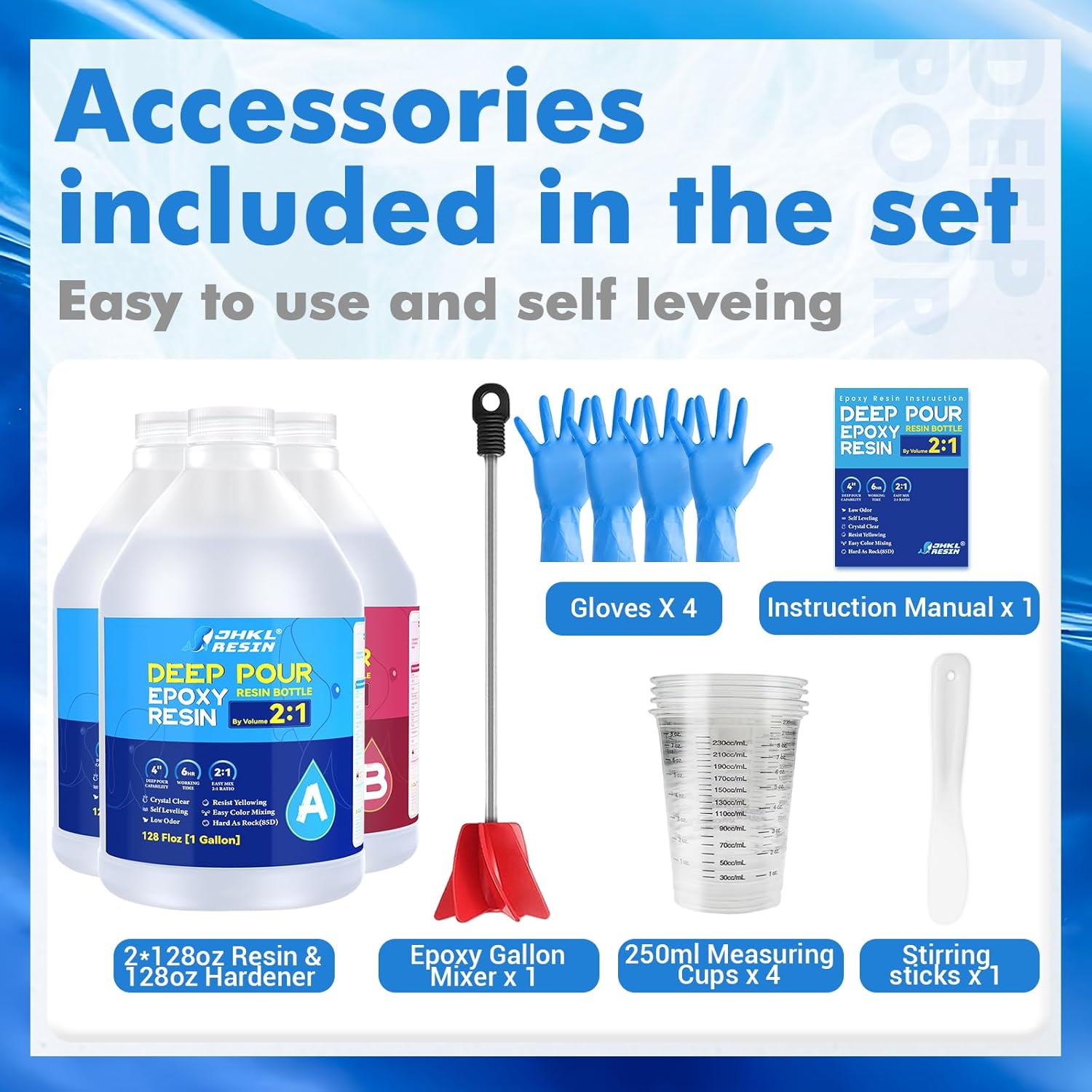 JHKL Epoxy Deep Pour Epoxy Resin Kit, 2 to 4 Inch Depth High Gloss & Clear, Bubble Free Self Level 2:1 Epoxy Resin for Craft River Table,Wood Filler, Bar Top, Coating Casting (3Gal)