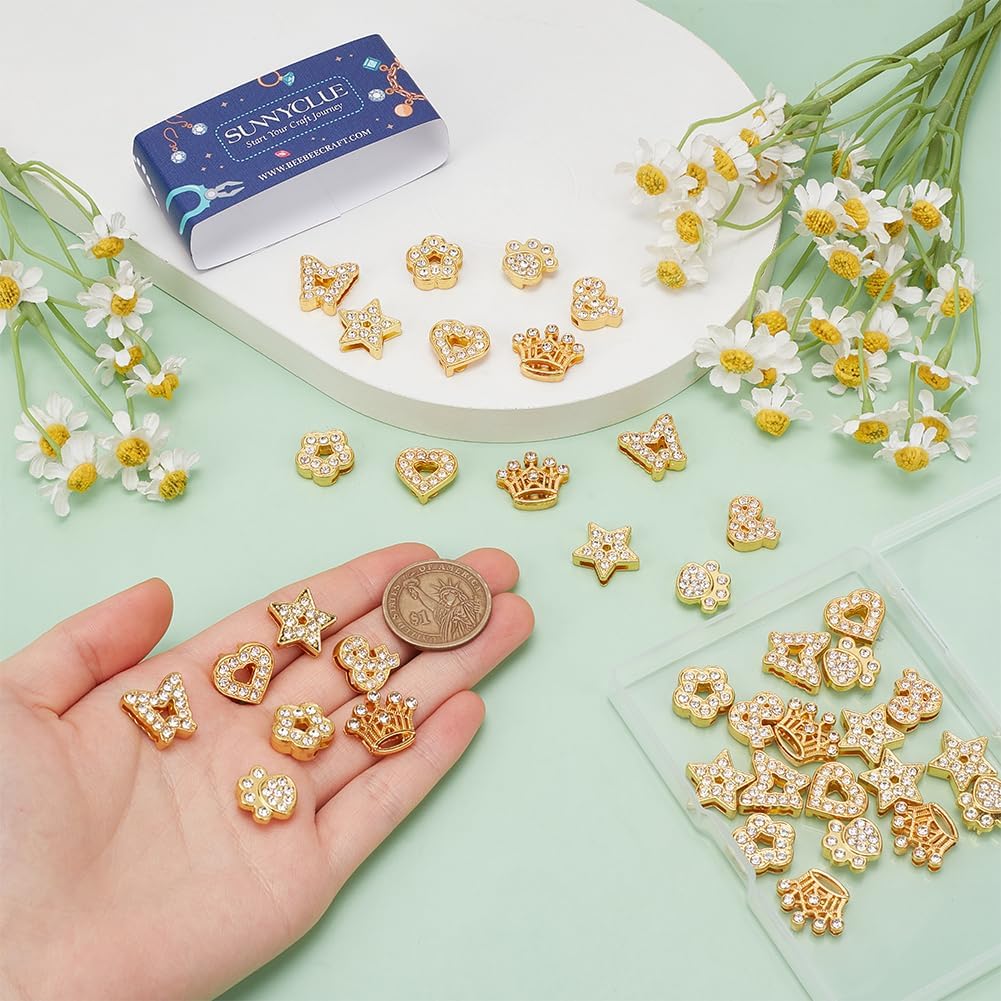 SUNNYCLUE 1 Box 42Pcs Gold Slide Charms Bulk Alloy Slider Charm Rhinestone Star Heart Butterfly Flower Paw Symbol Crown Slide Charm Spacer Beads for Bracelets Necklace Wristbands Jewelry Making Crafts - Image 3