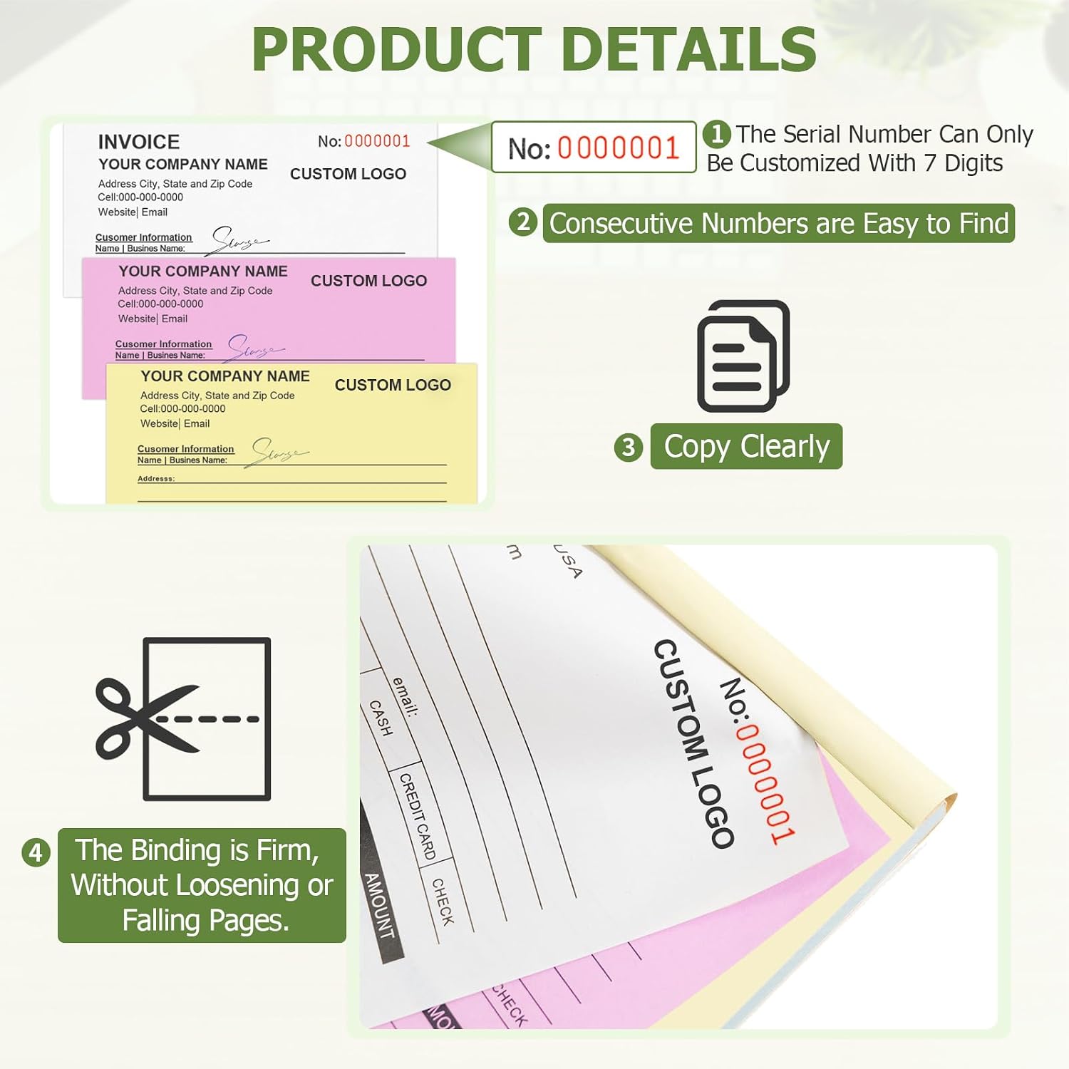 100 Sets Custom 5.7" x 8.5" Invoice Receipt Book, Personalized Carbonless Forms with Logo/Text, 2-Part or 3-Part Duplicate Invoice Books for Small Business, Purchase Orders & Sales Orders (2-Part)
