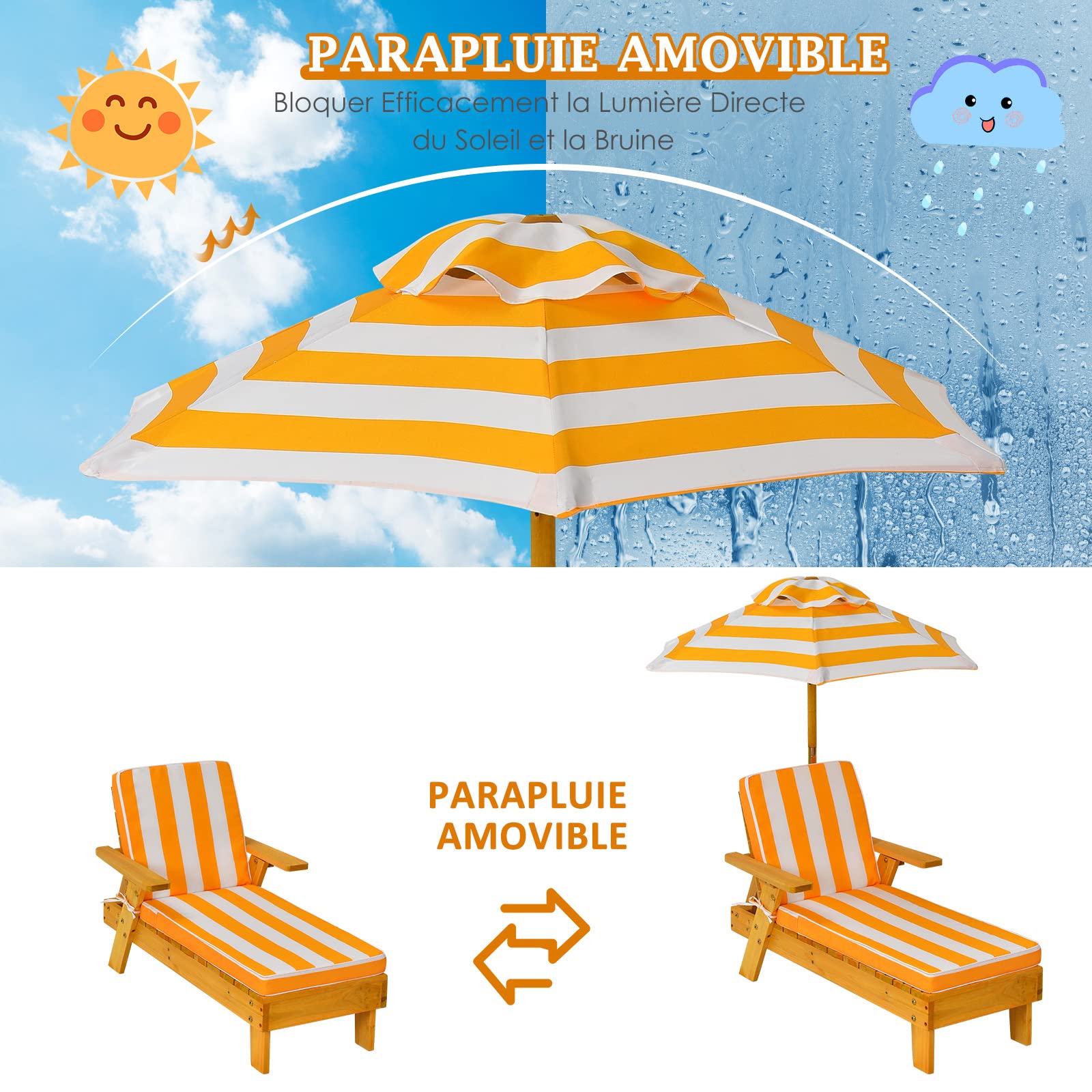 GOPLUS Chaise Longue Enfant avec Parasol, Transat de Jardin Extérieur pour Bain de Soleil, Salon de Jardin pour Plage, Camping, Patio, Charge 50KG, 92x49x106 CM