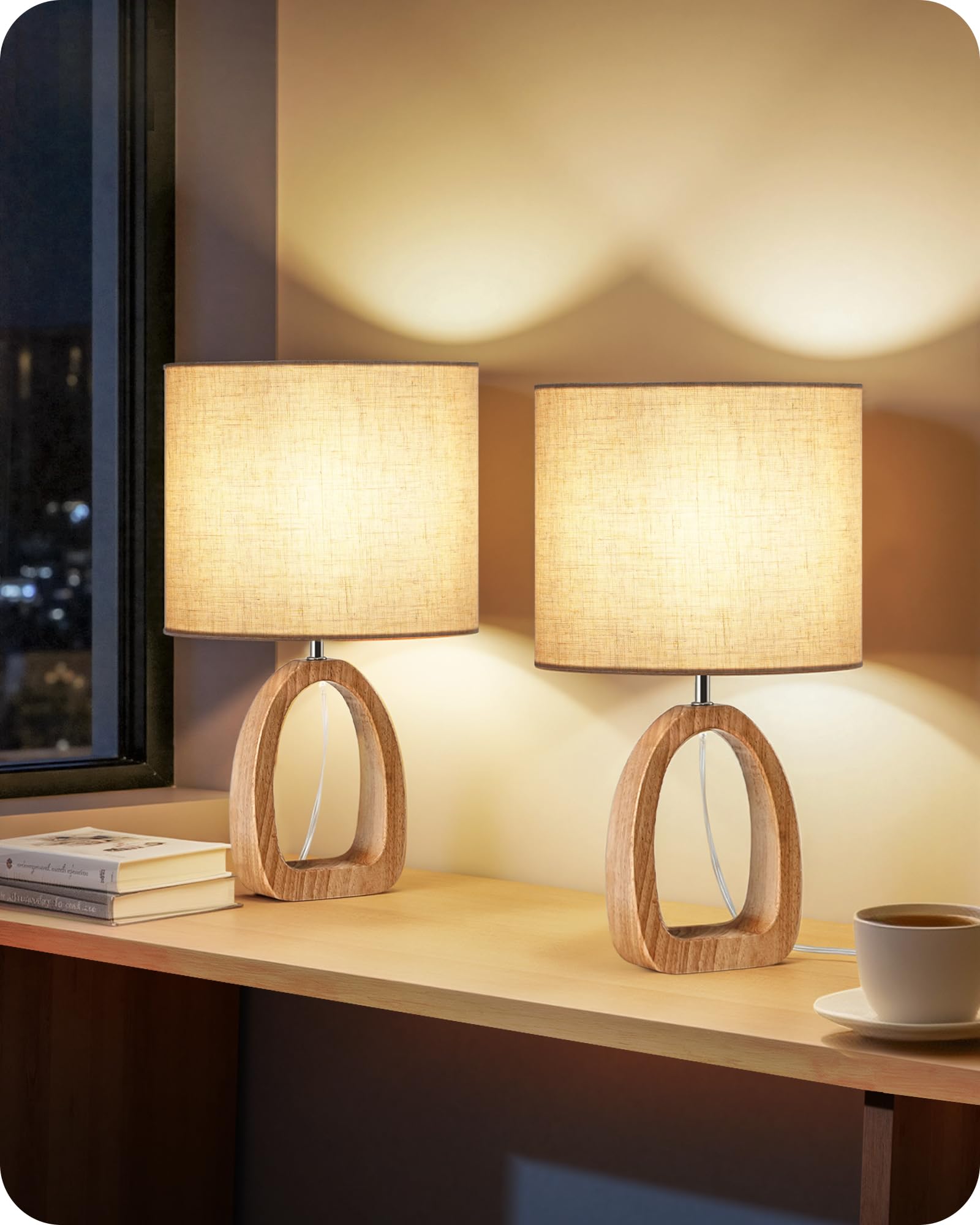 GOEBLESON Small Table Lamps Set of 2, Wood Desk Lamp with Ring-Shaped Base and Linen Lampshade, Bedside Lamp, E27 LED Bulb Included, for Living Room, Bedroom, Beige and Natural ZME07TLKP205