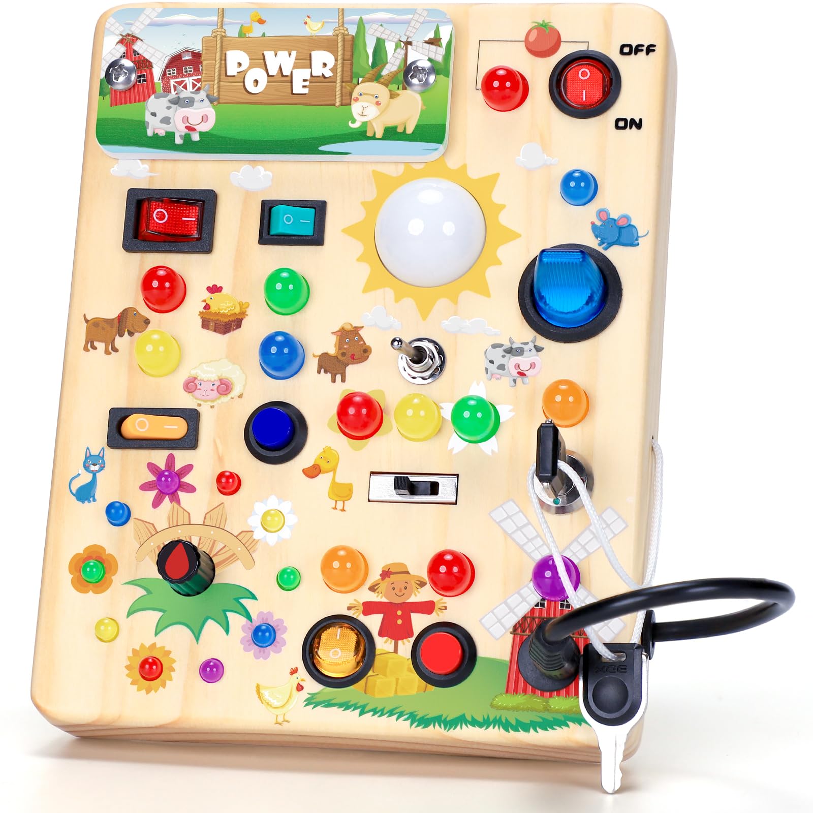 EchoToys Montessori Spielzeug Busy Board ab 1 Jahr, Activity Board aus Holz | Motorikspielzeug mit, 13 Schaltern, 24 LED-Leuchten, Baby Spielzeug , Geschenk für Jungen & Mädchen