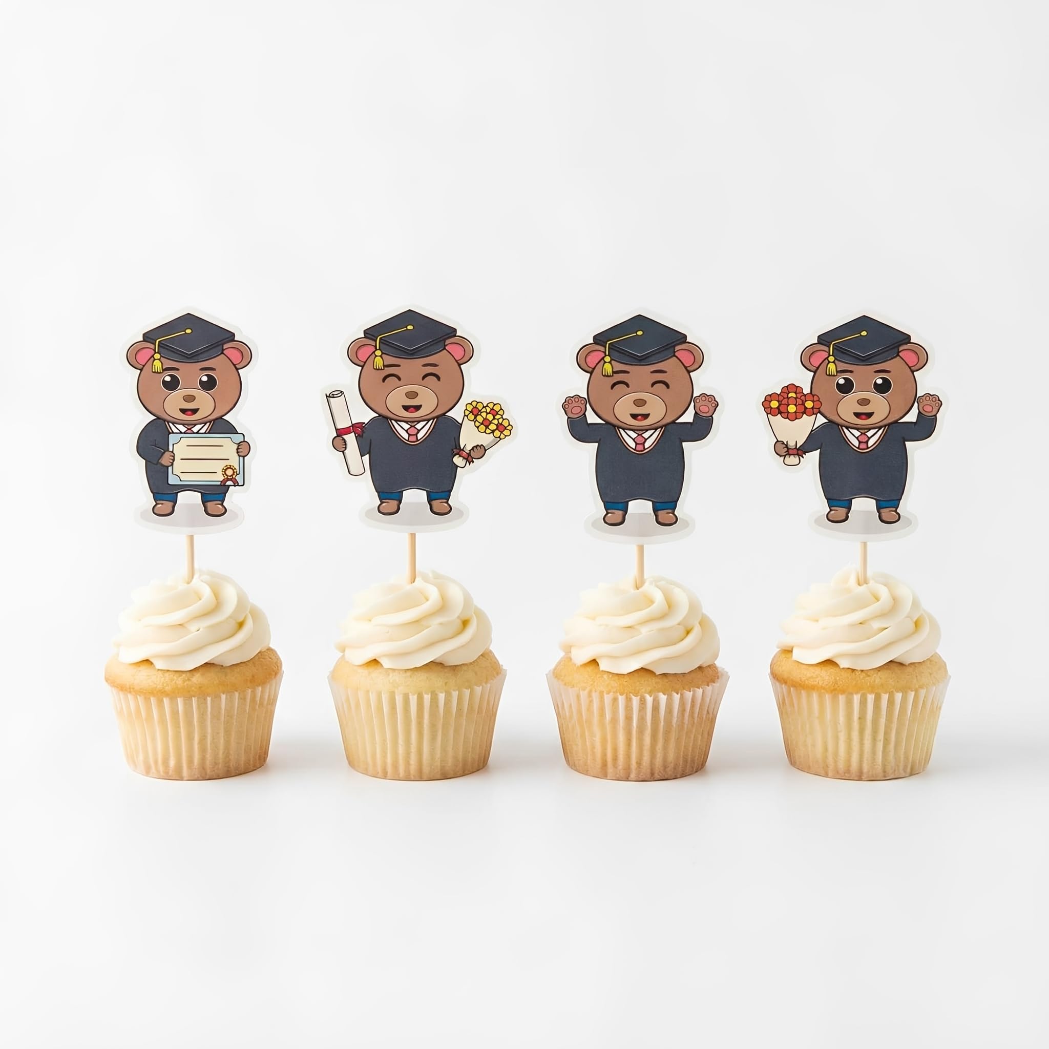 Arthsdite 24 Pcs Cute Bear Graduation Cupcake Toppers Bear Diploma Cupcake Picks for 2026 Graduation Party Decorations Kindergarten Preschool Elementary School Graduation Supplies