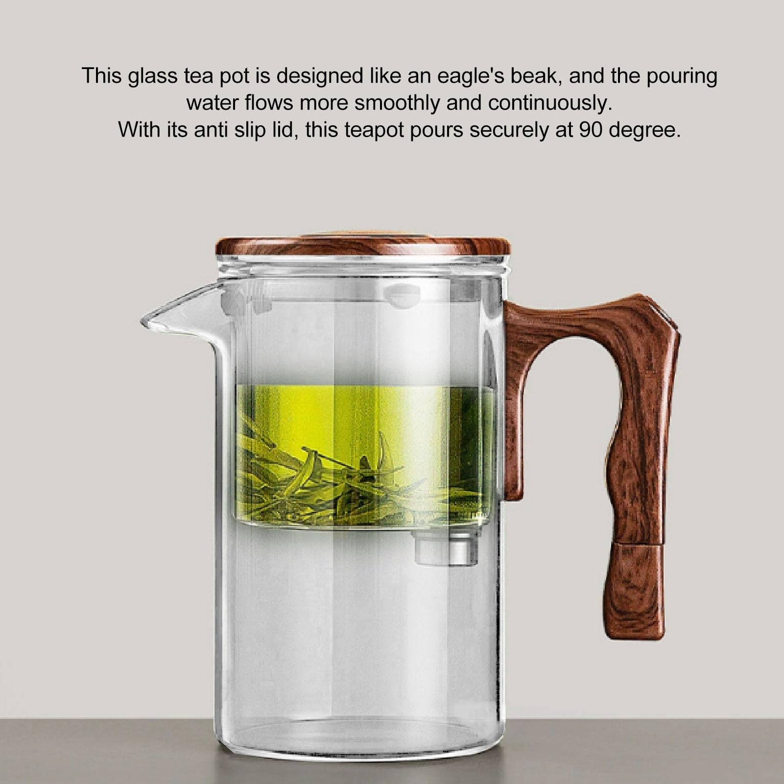 Teekanne aus Glas für losen Tee mit Sieb (Transparent 750ml) | Teebehälter, Holzgriff, Tee-Wasser-Trennung, Loseblatt-Teebereiter, hitzebeständig, für das Heimbüro