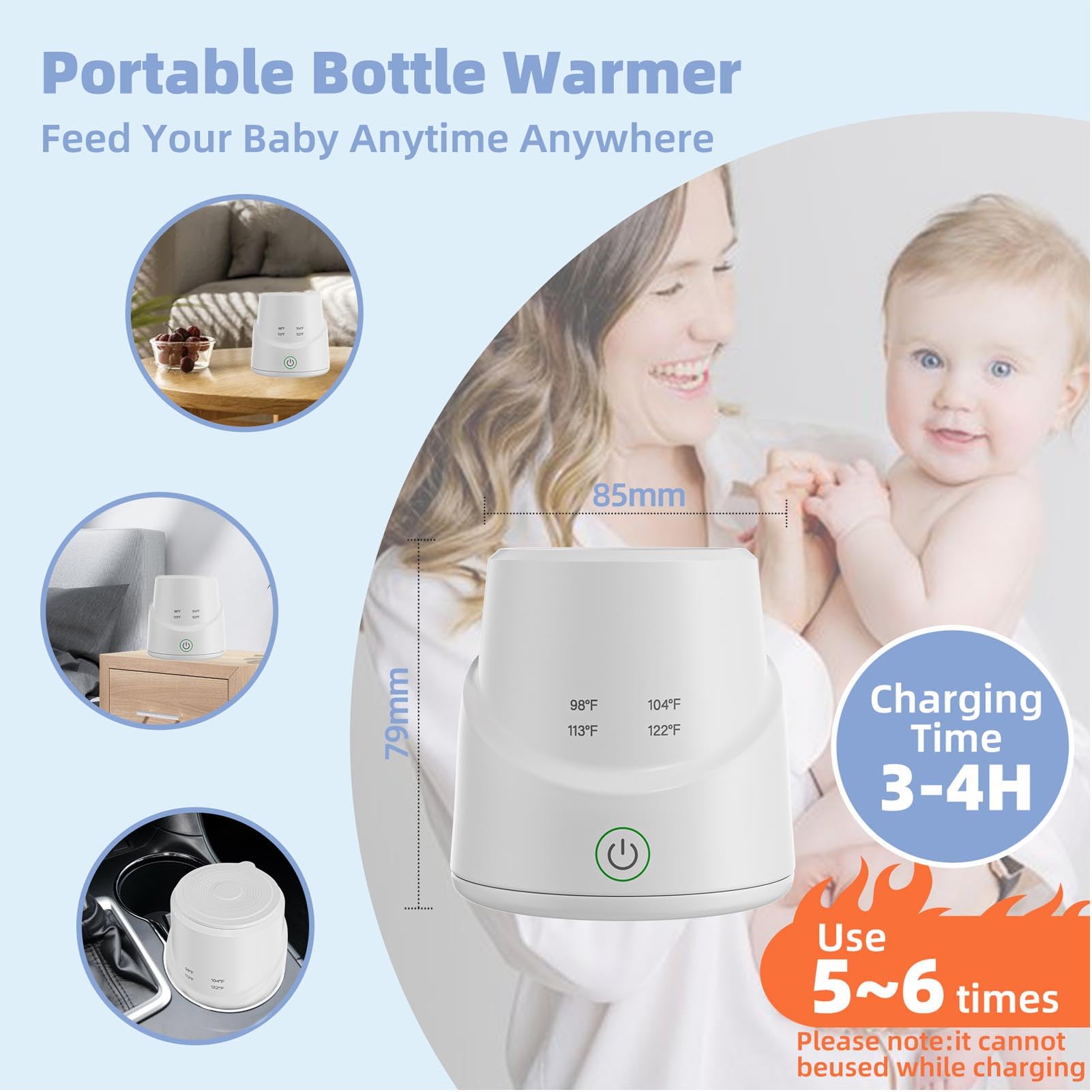 YWBL-WH Scaldabiberon Portatile, Scaldalatte Riscaldato Tramite USB per Latte Artificiale, Batteria da 4500 MAh per Alimentazione Notturna e Viaggi