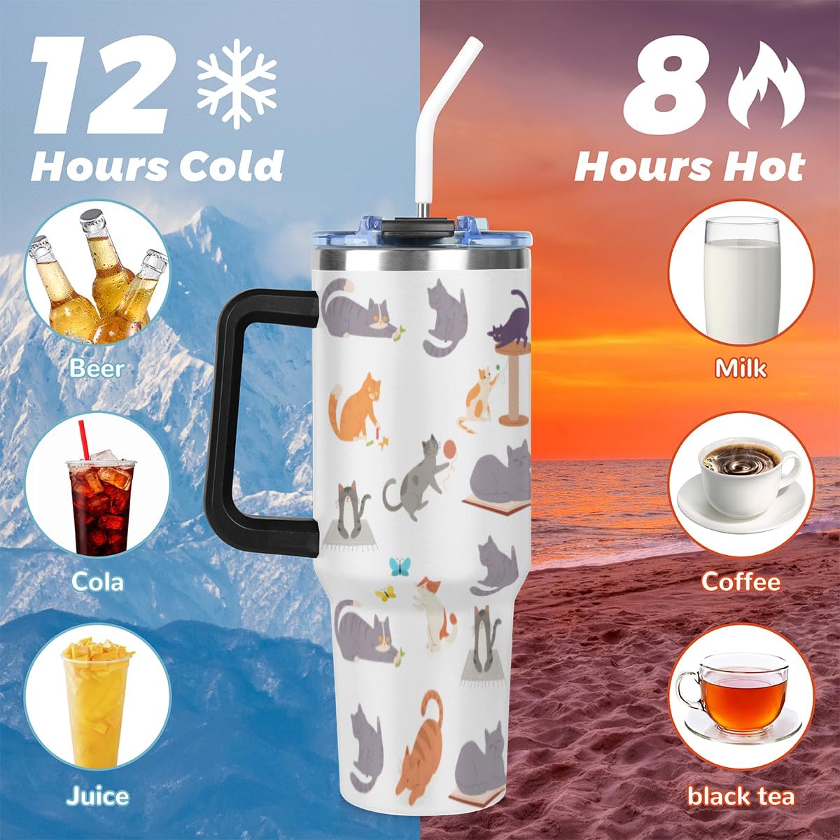 Cute Cats Water Bottle with Straw, Winter Partner Stainless Steel Tumbler with Handle, Thermal Cup for Cold and Hot Drinks, Desktop Pet, Present for Cat Lovers, 40oz - Image 4