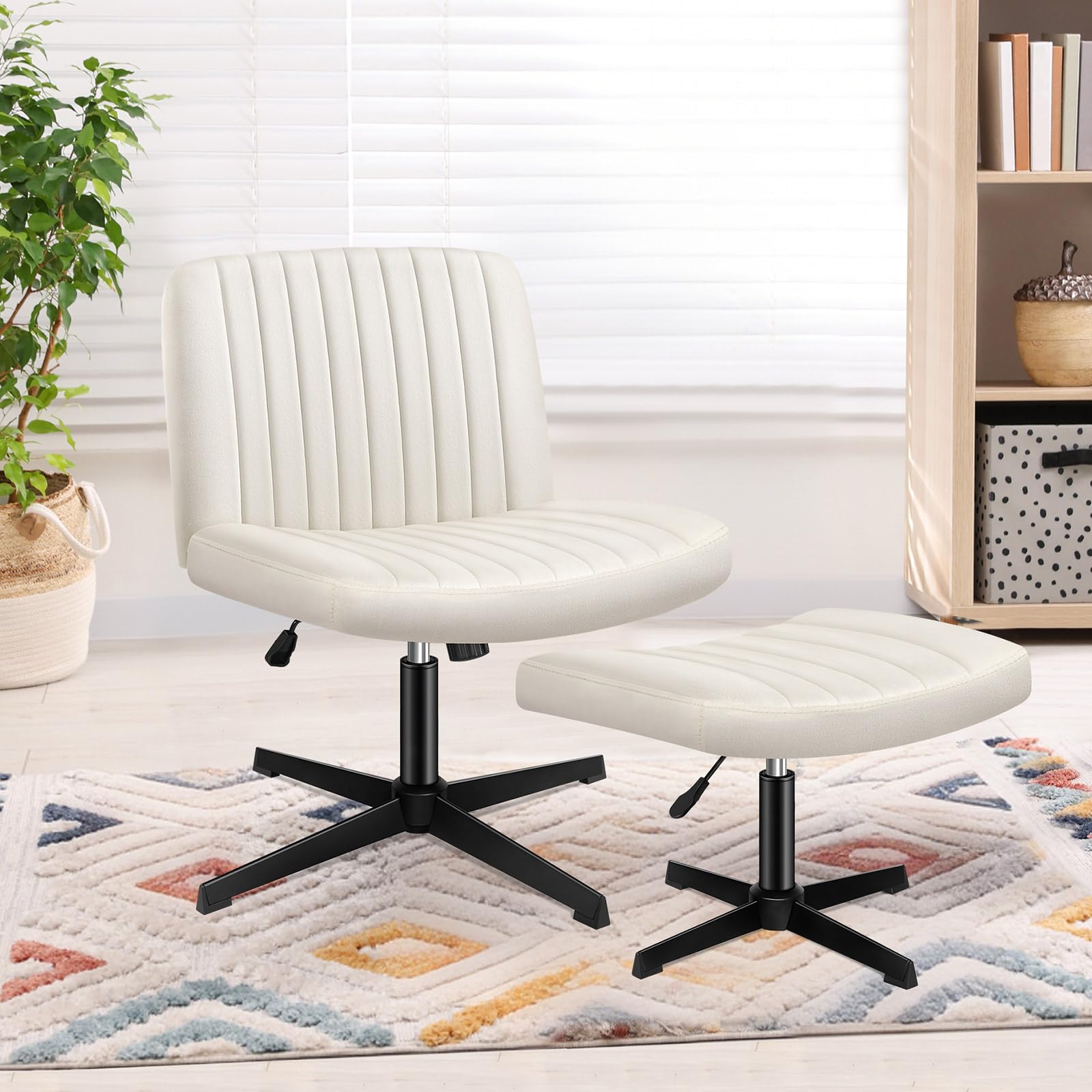 ELFORDSON Cross Legged Office Chair with Ottoman, Wide Seat Armless Desk Chairs No Wheels, Criss Cross Chair Mid-back Vanity Chair for Home Office, Height Adjustable 360° Rotatable, Velvet, Beige