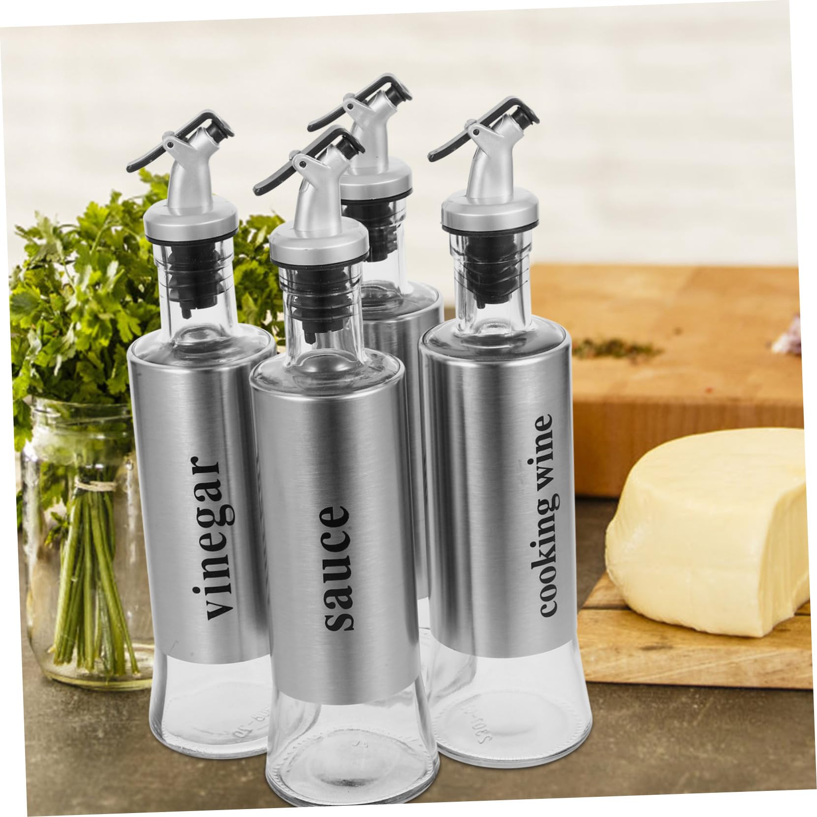 Juego de 4 Botellas Dispensadoras de Vinagre y Aceite de Cocina de Vidrio y Acero Inoxidable, Capacidad 300ml, Diseño Elegante para Cocinas y Restaurantes