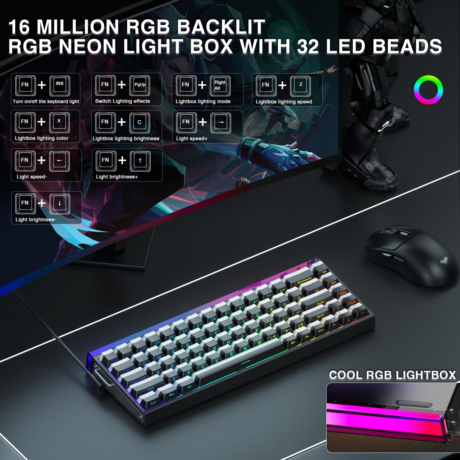 AULA Hero 68 Gaming Tastatur Mechanisch,Hall Effect Magnetic Switch,0.01mm Einstellbare Betätigung Rapid Trigger,8K Polling Rate,Seitlich Graviert,60% RGB Tastatur mit Kabel,QWERTY (Schwarz)