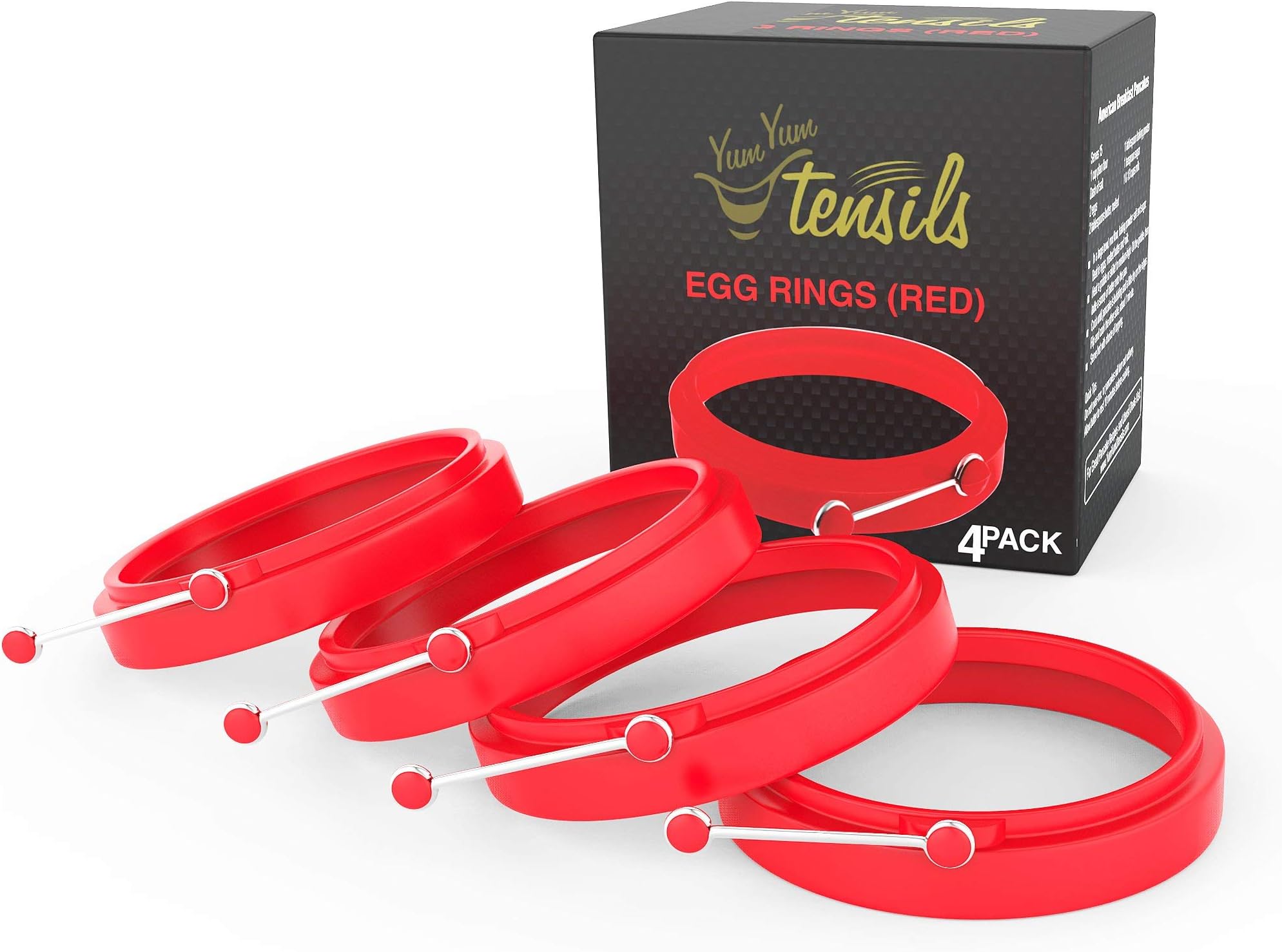 YumYum Utensils Premium Silicone Egg Ring/Pancake Mold. Box of 4 Red Round Nonstick Egg Rings