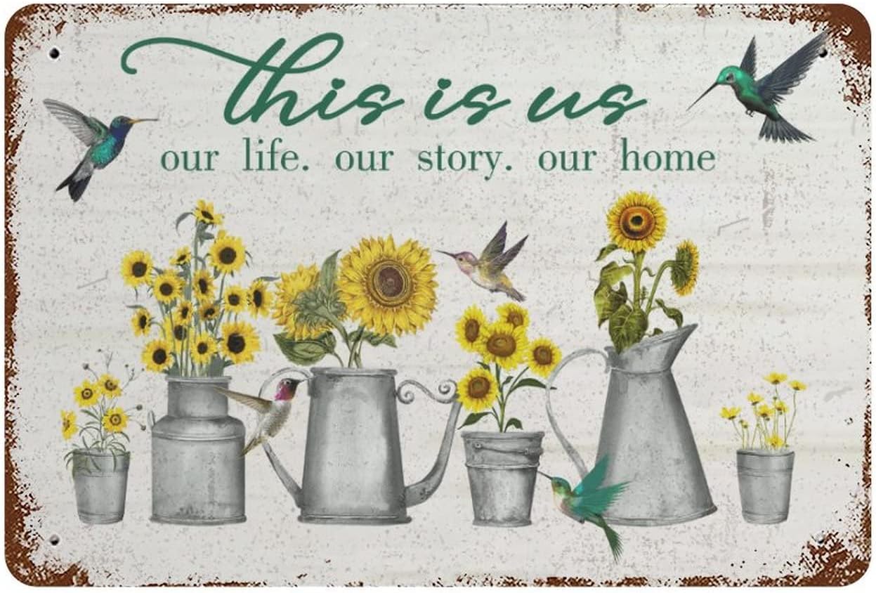 Yellow Sunflower and Hummingbird Vintage Metal Tin Sign This Is Us Our Life Our Story Our Home Farmhouse Kitchen Wall Country Home Decor Coffee Bar Signs Gifts Garden Decoration 14 x 10 Inch