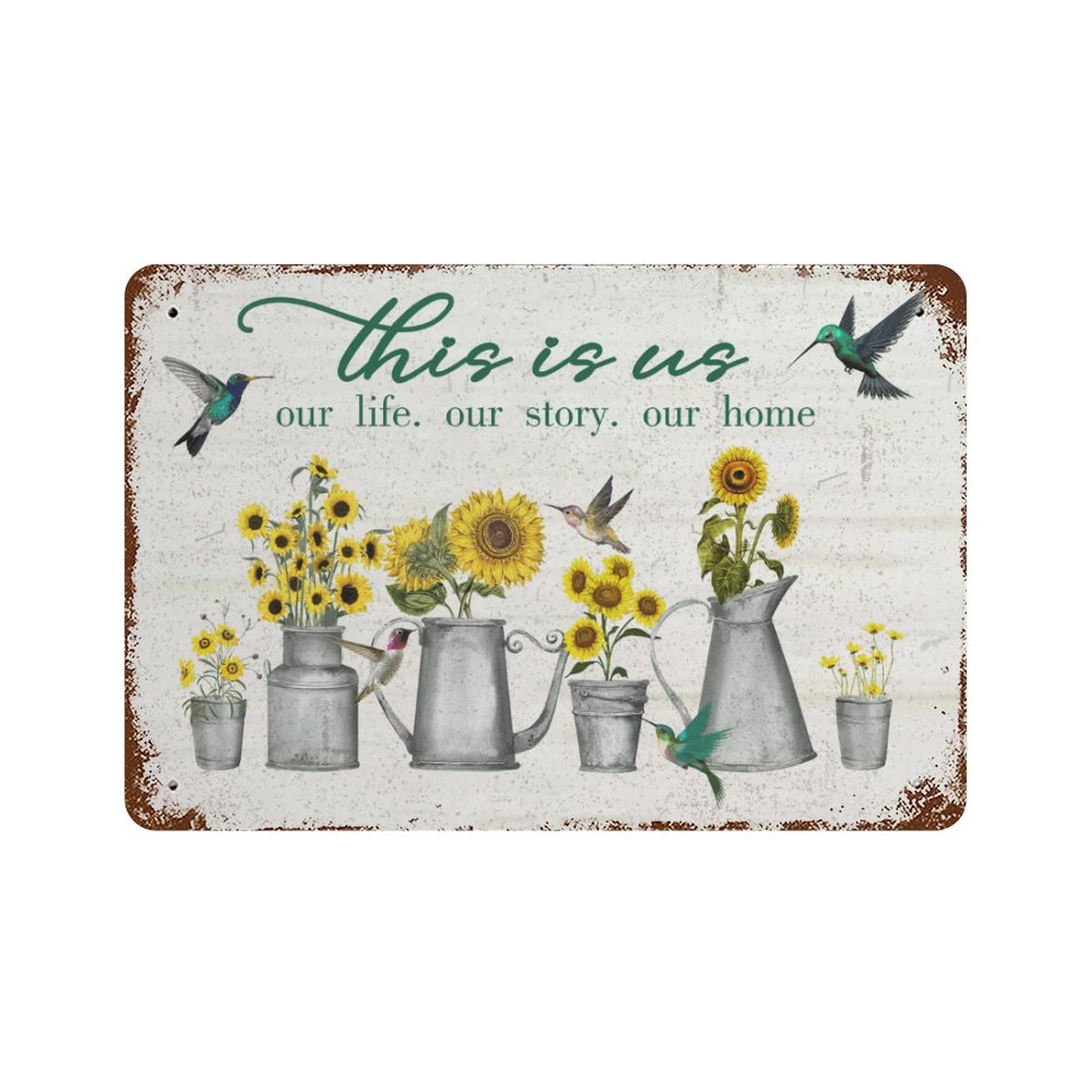 Yellow Sunflower and Hummingbird Vintage Metal Tin Sign This Is Us Our Life Our Story Our Home Farmhouse Kitchen Wall Country Home Decor Coffee Bar Signs Gifts Garden Decoration 14 x 10 Inch