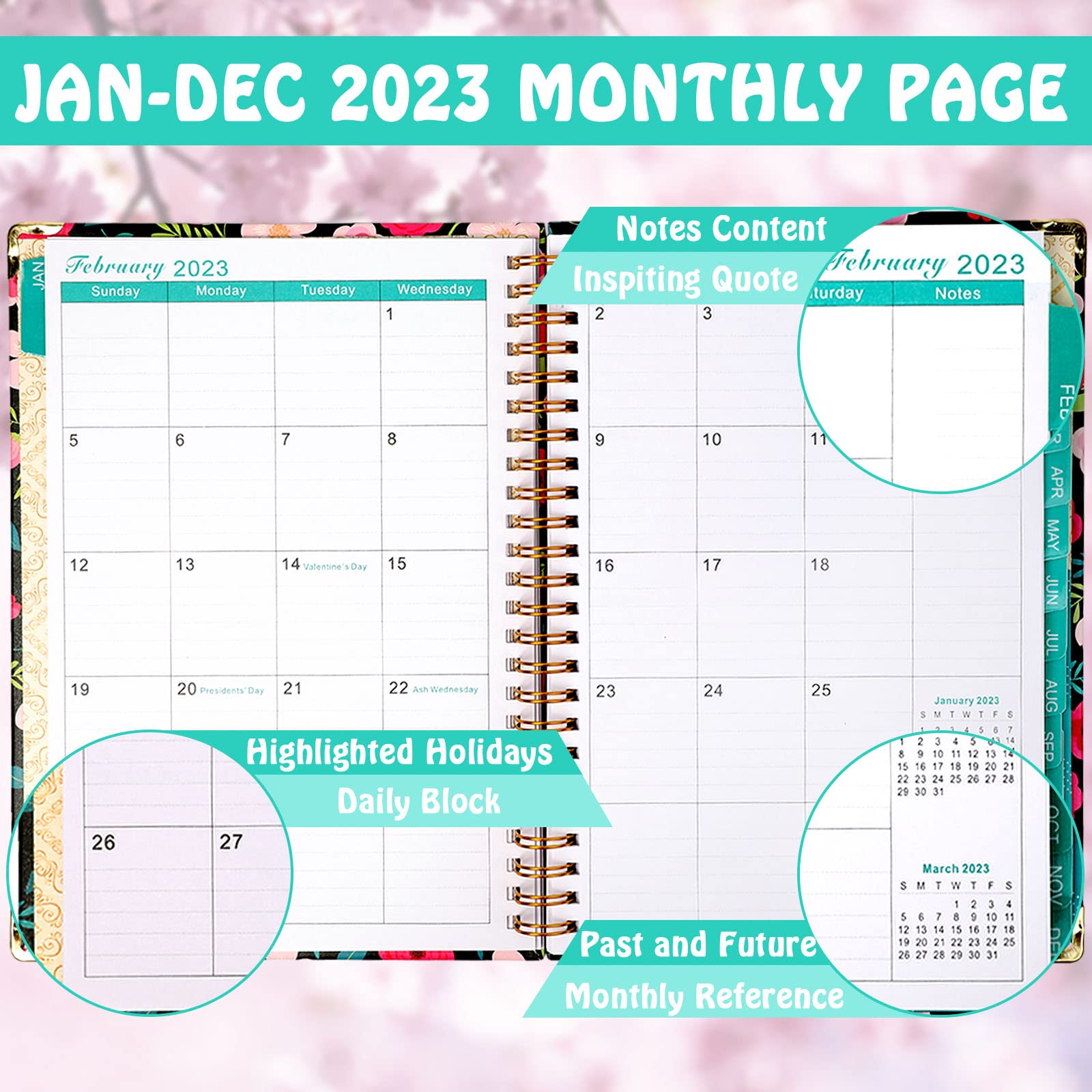 Agenda 2023 – Agenda settimanale e mensile 2023, gennaio – dicembre 2023, 16,3 x 21,6 cm, con linguette, tasca posteriore, doppia forte (stile 1)