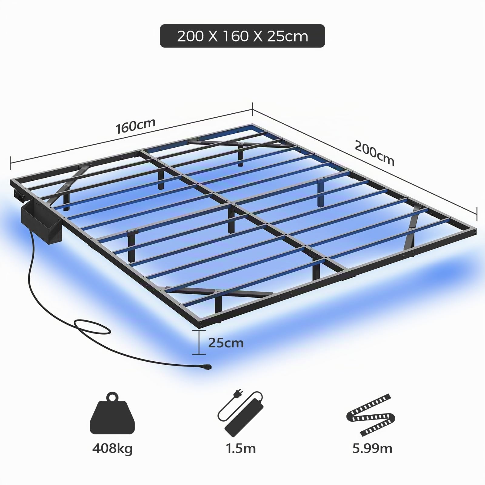 MAHANCRIS Marco de Cama de 160 x 200 cm con Base de Carga y Tiras LED, Marco de Cama de Metal Flotante, Cama Doble, para Dormitorio de Invitados, Color Negro ABFBK538UE01