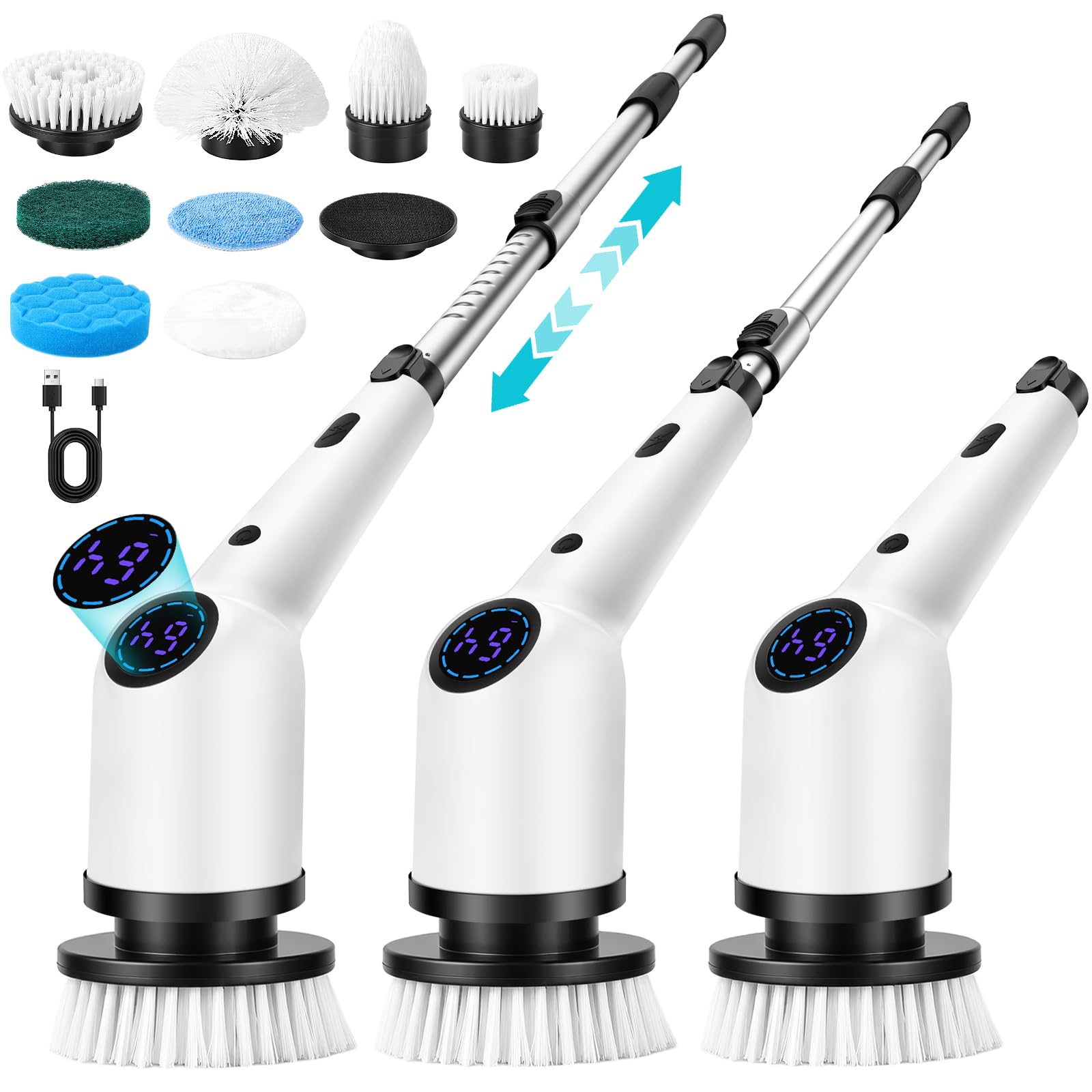 SHINER Brosse Nettoyage Electrique Rotative, Brosse Electrique Nettoyage avec 3 Vitesses, 8 Têtes, Batterie 3000mAh, Manche Extensible, étanche IPX7, Brosse Nettoyage Salle de Bain et Cuisine