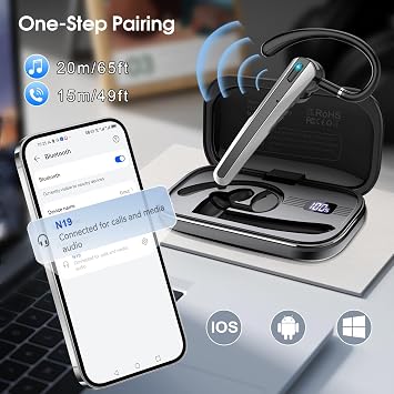 Atheewon Bluetooth Headset V5.3, Wireless Headset with ENC Noise Canceling Mic, 120Hrs Talk Single-Ear Bluetooth Earpiece, LED Display, IP7 Waterproof Hand-Free Earphone for Business/Trucker/Driver