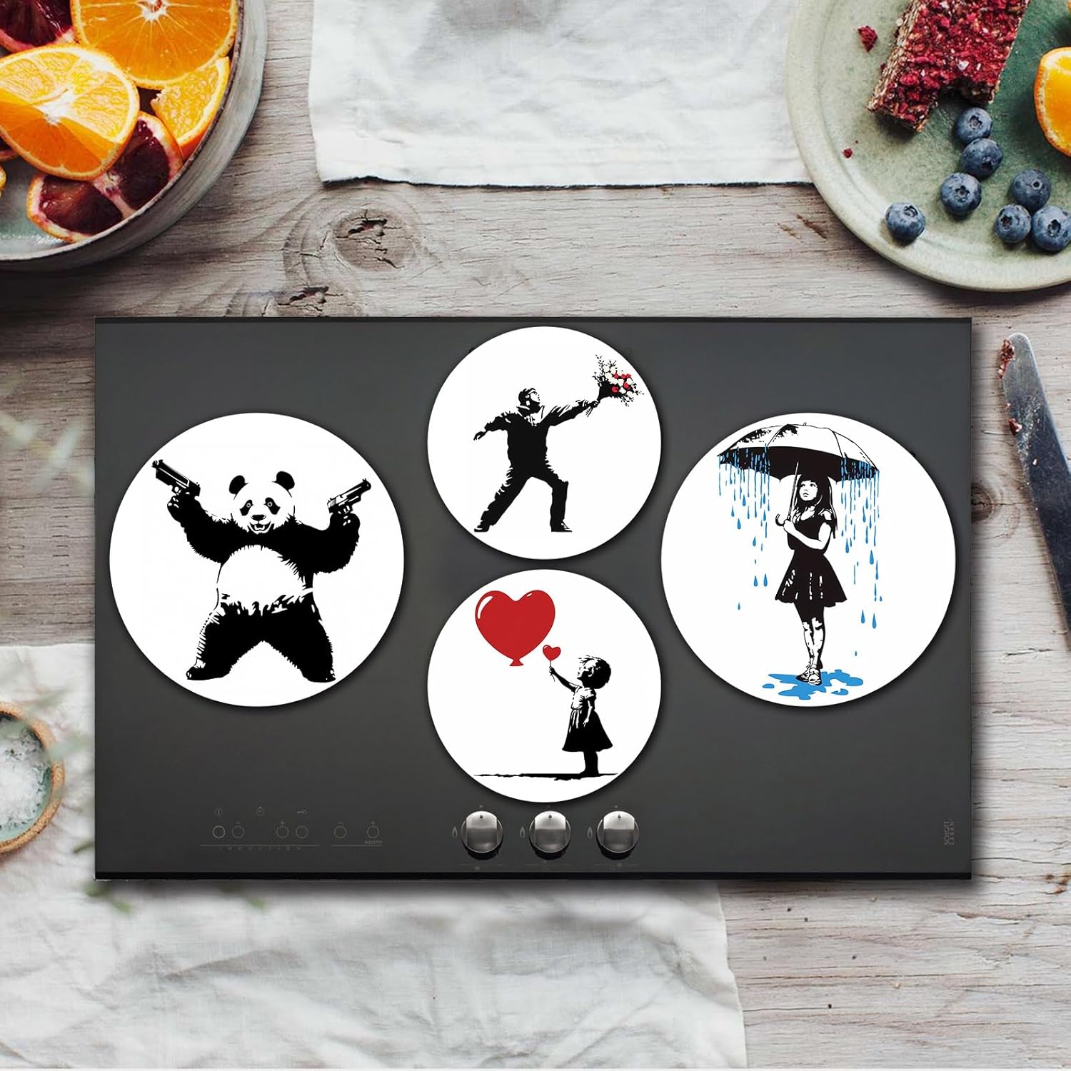 Banksy Electric Stove Burner Covers, Funny Set of 4 Round 8 In and 10 In, Gas Metal Cover, Eyes Cooktop Decorative, Home Decor, Kitchen Decor