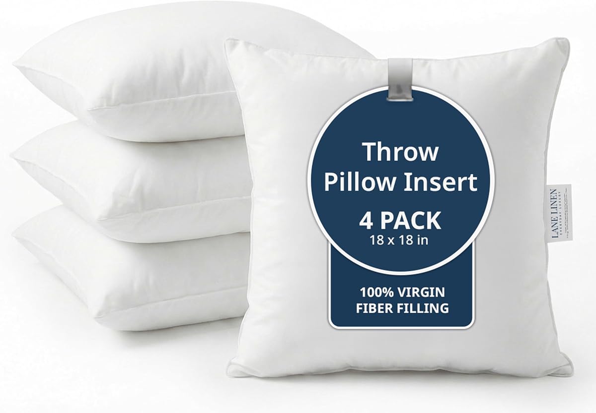 LANE LINEN 4 Pack 18x18 White Throw Pillow Inserts for Decorative Pillow Covers, Couch Pillows for Living Room, Fluffy Pillows for Bed | Solid White Inserts For Sofa Back Support - Fluffy Down Alternative Fill, Shape Retention, Everyday Home Decor Refresh