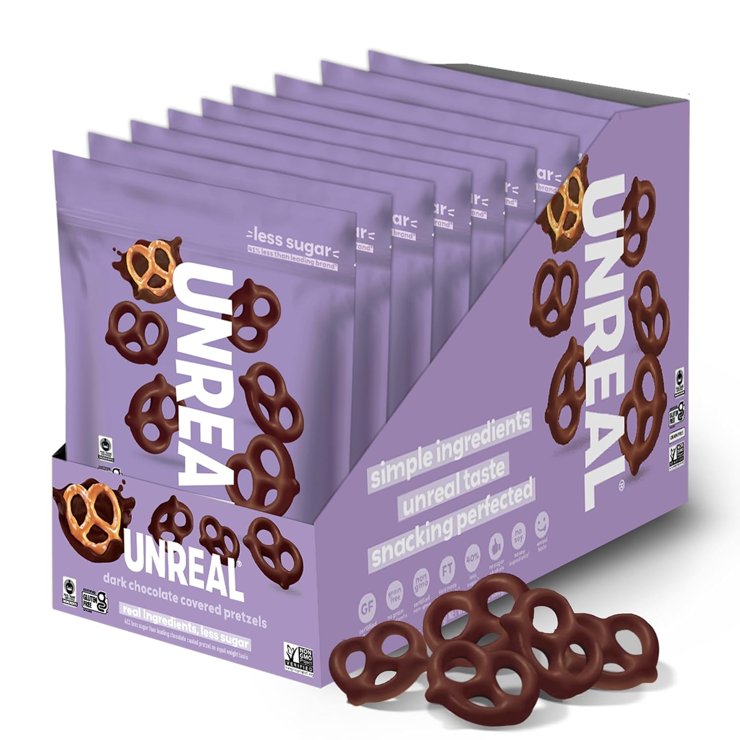 UNREAL Dark Chocolate Covered Pretzels, 7g Sugar, Chocolate Candy Treat Bag, Gluten Free, Fair Trade, Non-GMO, 1.5oz (Pack of 9)