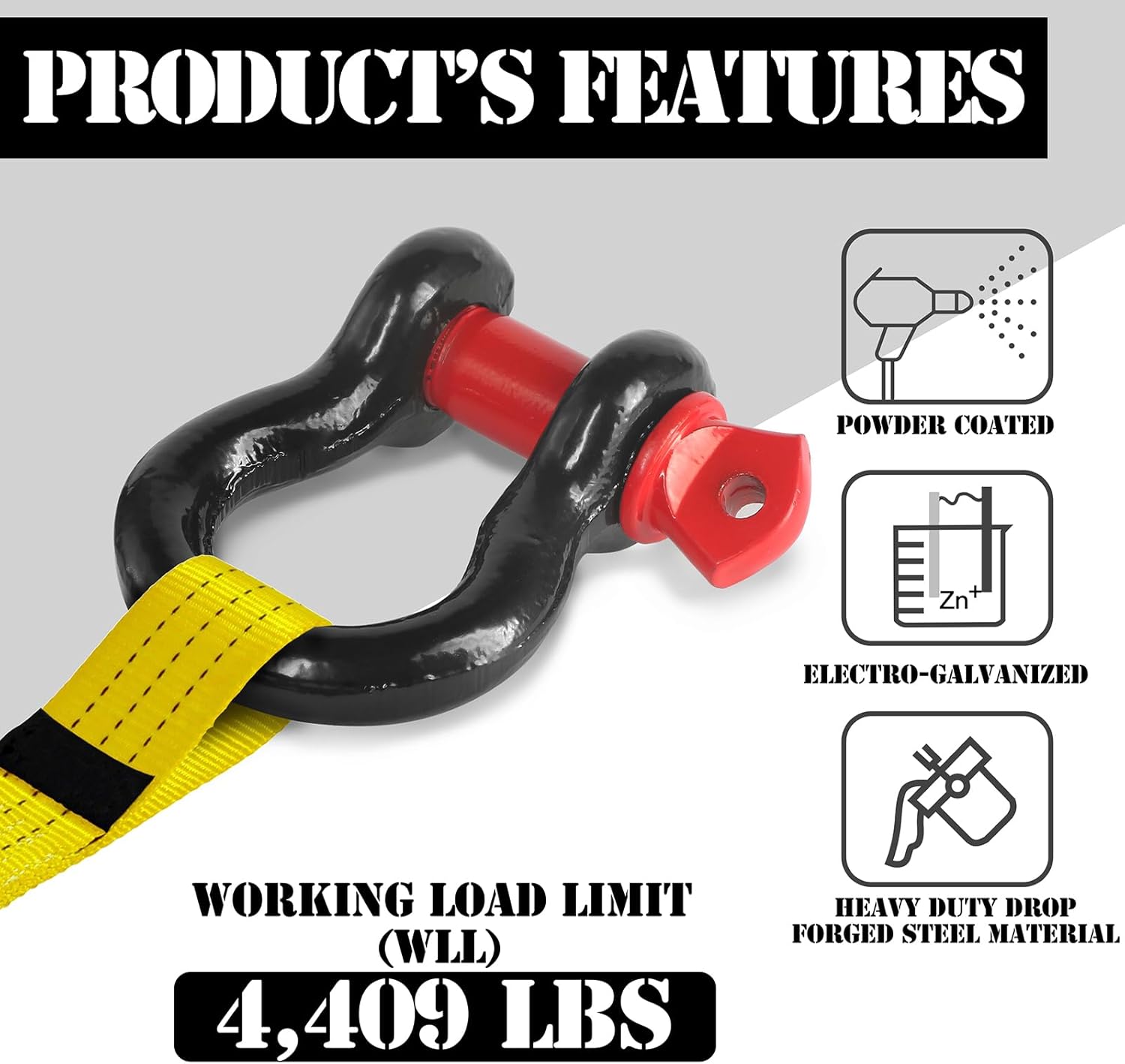 1/2" D Ring Shackle with 5/8" Screw Pin, 2T Working Load Limit (WLL) / 12T (26,455 lb) Minimum Breaking Strength (MBS) for Tow Strap Winch, Off-Road Vehicle Recovery (Black/Red, 2 Pack)