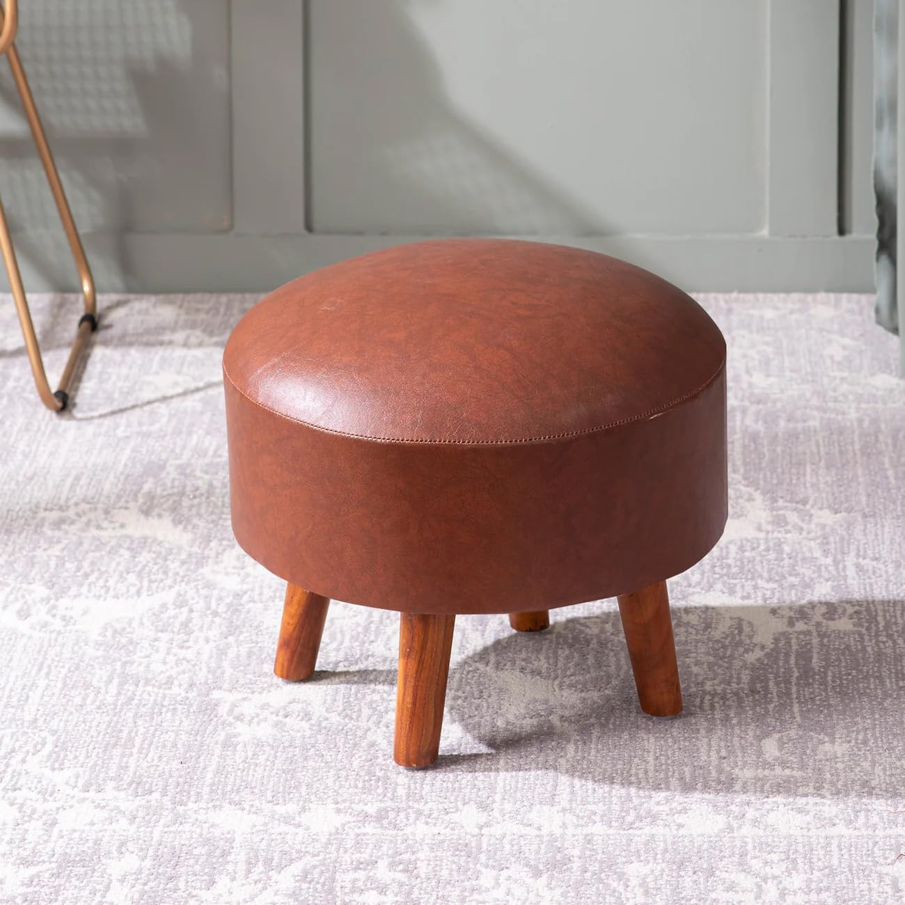 nestroots Leatherite Wooden Ottoman Stools for Living Room | Printed Poufes for Sitting, Footrest with 4 Wooden Legs | 14 Inch Height, Brown | Stylish & Comfortable Furniture-image-9