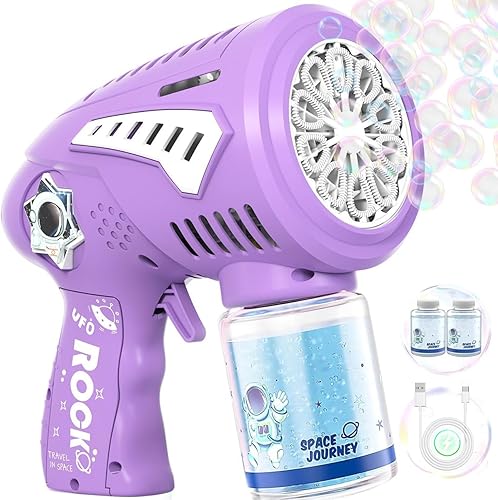 Miniatura 9 de Pistola de burbujas  72 agujeros Varitas espaciales con luz LED  Máquina de burbujas recargable para niños y adultos, incluye solución de burbujas,