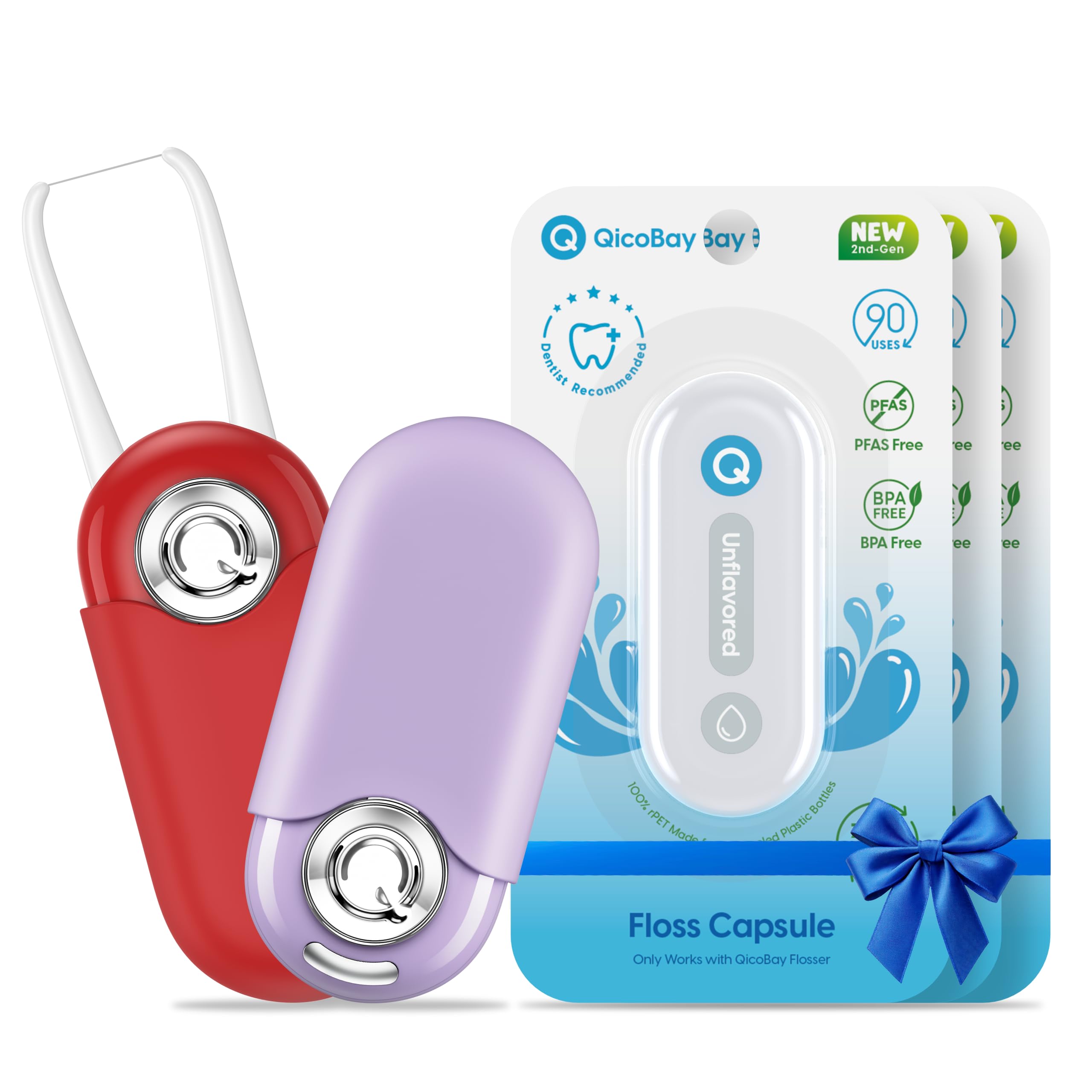UpFlosser C1S Value Color Duo Bundle, 2 UpFlosser C1S + 3 Extra Unflavored Floss Capsules, Reusable Auto-Restringing Flosser for Quick & Deep Clean (Lava Red + Dawn Purple)