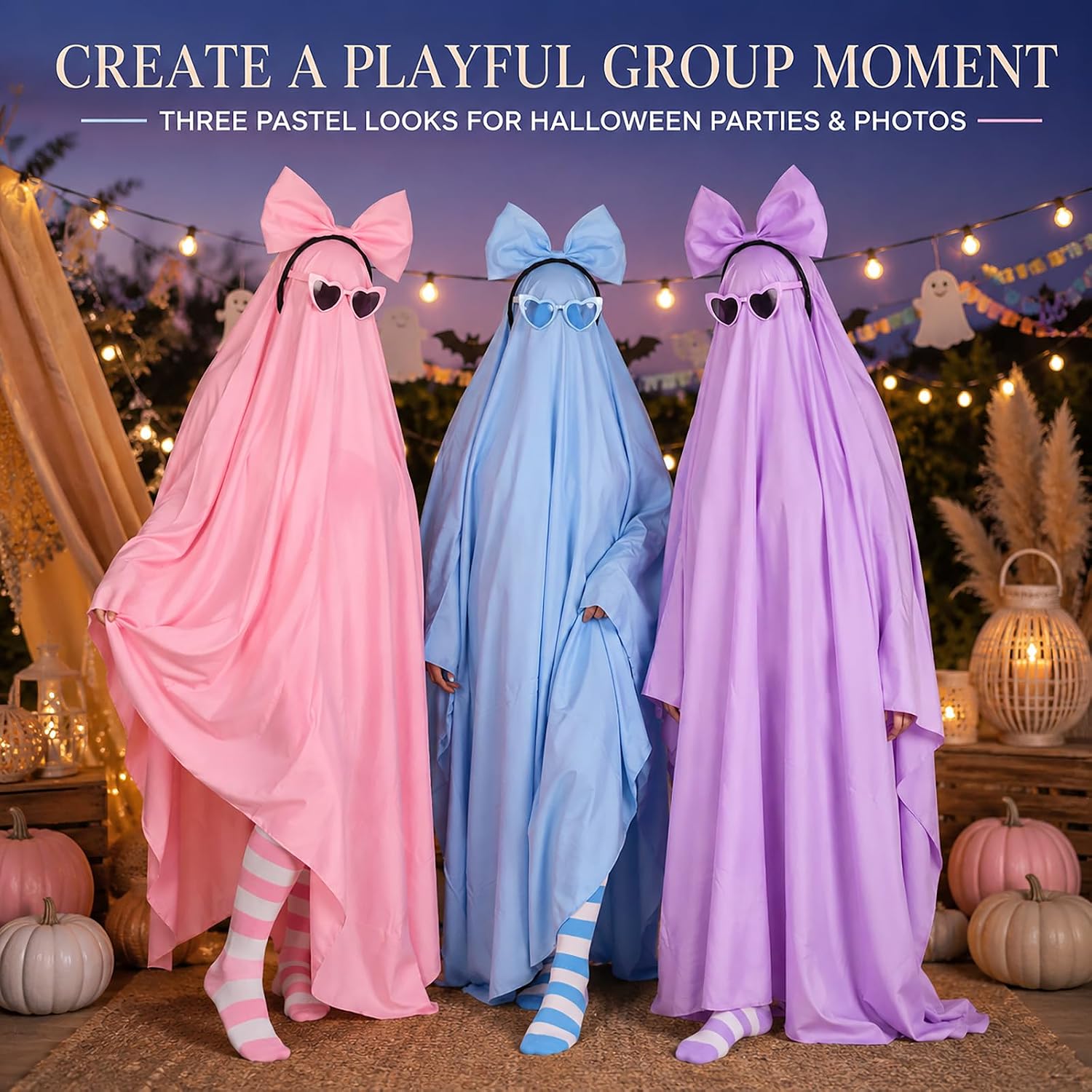 12 PCS Boho Halloween Ghost Costume Set for 3-Person, 57.48 x 88.8'' Colorful Ghost Cape with Bow Headbands, Heart Glasses & Striped Over Knee Socks for Trick or Treat Family Party Dress Up
