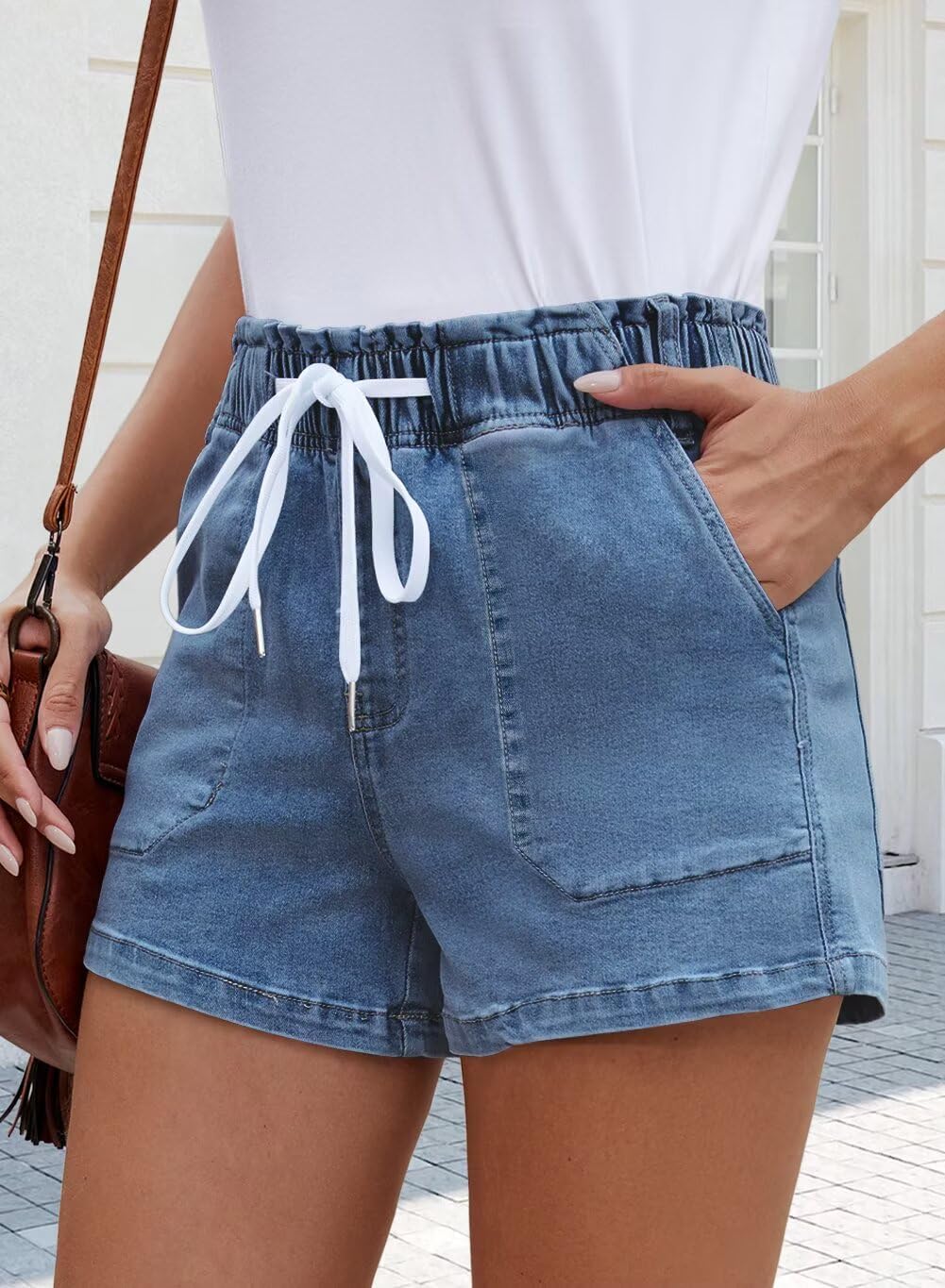 FEKOAFE Womens Stretchy Denim Shorts 2026 Summer Casual Drawstring Elastic Waist Jean Shorts with Pockets(S-XL) - Image 4