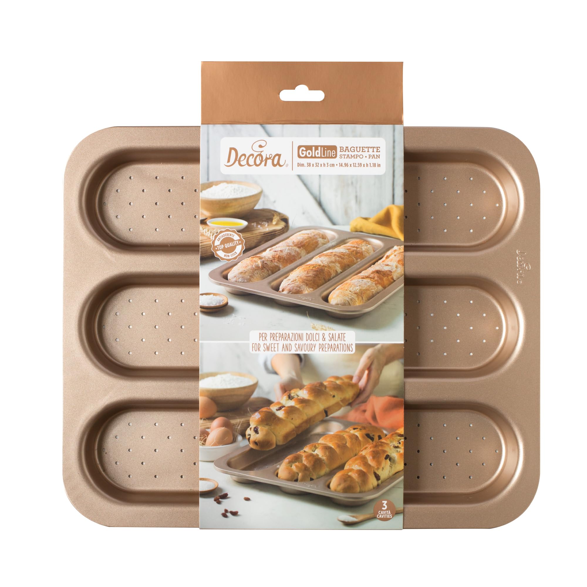 Decora, 0070105 Stampo Gold Line Baguette, 3 Cavità da 34,3 x 7,8 x 3 cm, Ideale per preparazioni dolci e salate, In Robusto Metallo Antiaderente