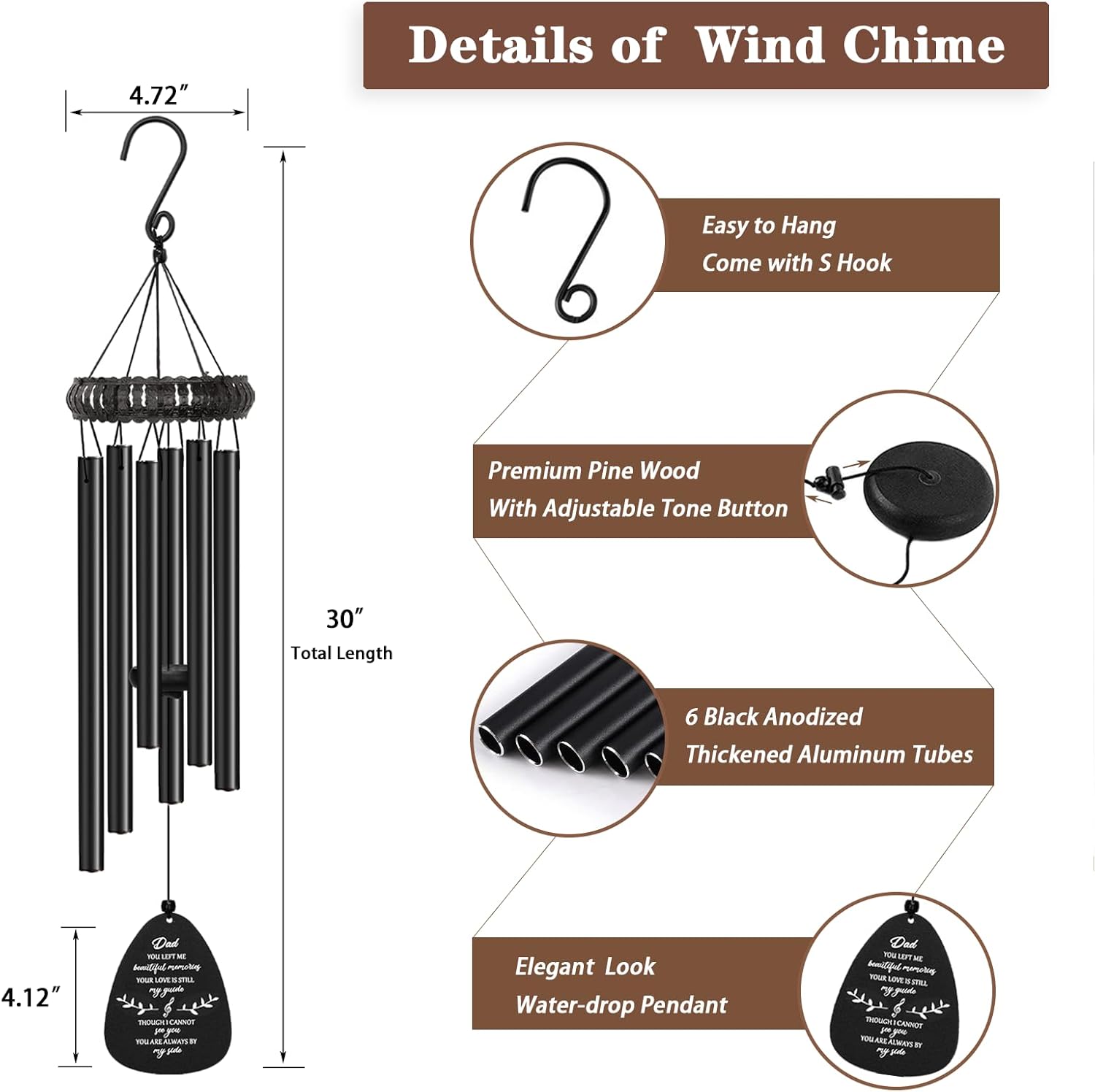 Memorial Gifts for Loss of Dad, 30" Metal Memorial Wind Chimes for Loss of Father, Windchimes In Memory of Dad, Sympathy Bereavement Gifts for Loss of Father - Image 4