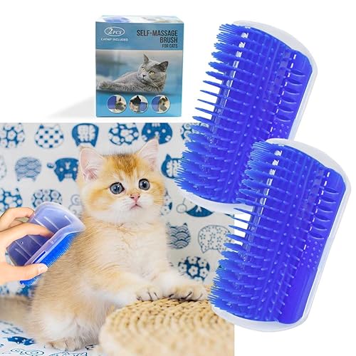 2 Pack Self Grooming Wall Brush for Cats and Dogs - Cat Groomer with Catnip, Massage Comb Tool for Long & Short Fur Pets (Blue) - Blue