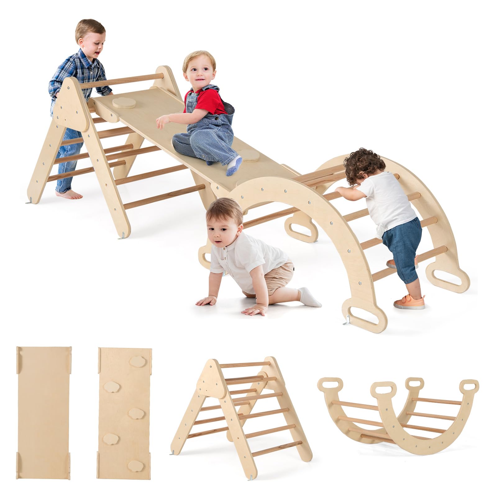 GOPLUS 7 en 1 Triángulo de Escalada para Niños de 1 Año, Montessori Escalador con Tobogán Rampa Arco, Juguetes de Escalada de Madera, Slide Aprendizaje para Guardería Casa, Carga 50 kg (Natural)