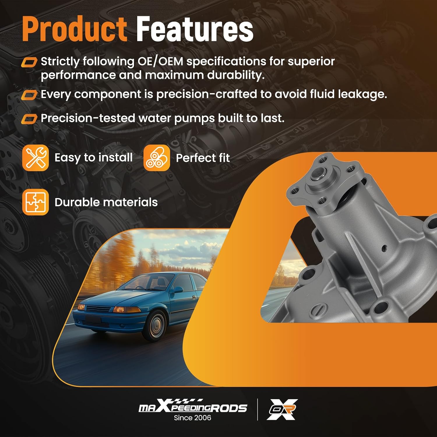 maXpeedingrods AW9364 Engine Water Pump for Hyundai Accent 2001-2011, for Kia Rio 2006-20011, for Kia Rio5 2006-20011 L4 1.6L Petrol