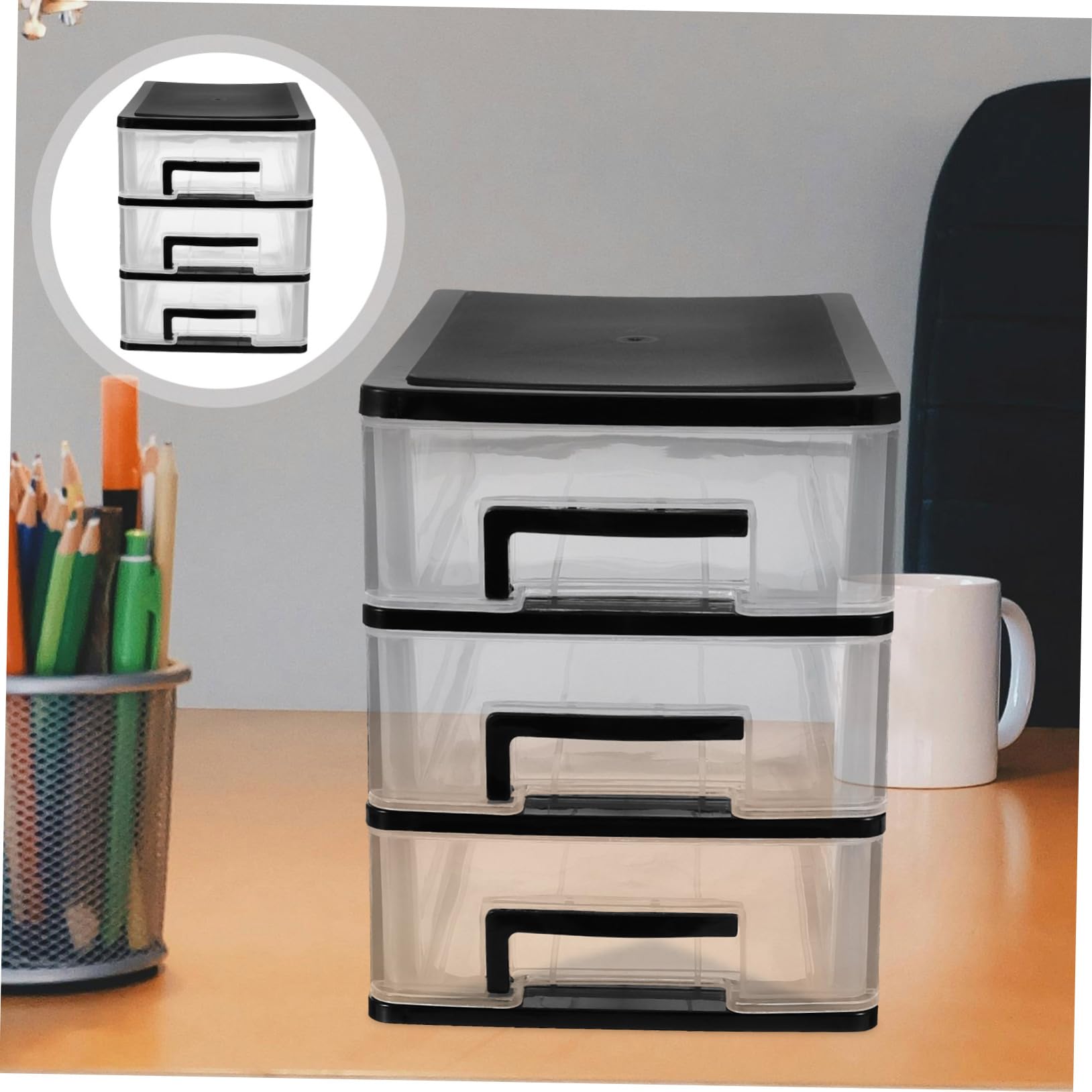 ULTECHNOVO Cassettiera in Plastica Trasparente a 3 Livelli Cassetti, Mobiletto Portaoggetti Compatto e Leggero Per Scrivania Ufficio e Casa, Organizer Multiuso Per Piccoli Spazi