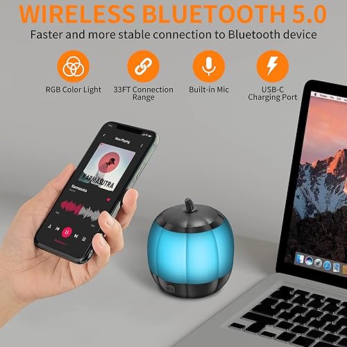 Miniatura 5 de LFS Altavoces Bluetooth portátiles, altavoz de calabaza, mini altavoz inalámbrico con luces, 7 luces de color, 12 horas de reproducción,