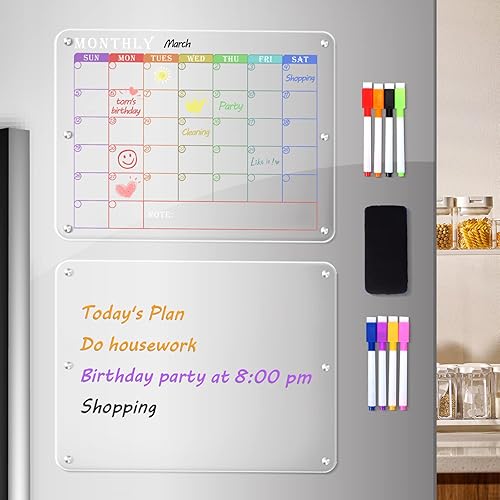 Juego de 2 calendarios magnéticos acrílicos de borrado en seco para nevera, pizarra de borrado en seco transparente de 16 x 12 pulgadas con 8
