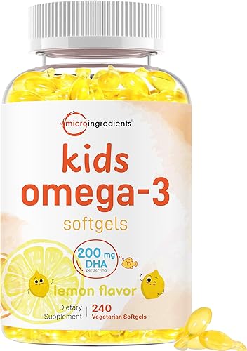 Aceite de pescado Omega-3 para niños, 240 cápsulas blandas vegetarianas  Omega 3 vegano con 200 mg de DHA  Sabor a limón  Alternativa al aceite de