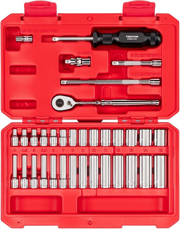 1/4 Inch Drive 6-Point Socket and Ratchet Set with Case, 34-Piece (4-15 mm) | SKT05202