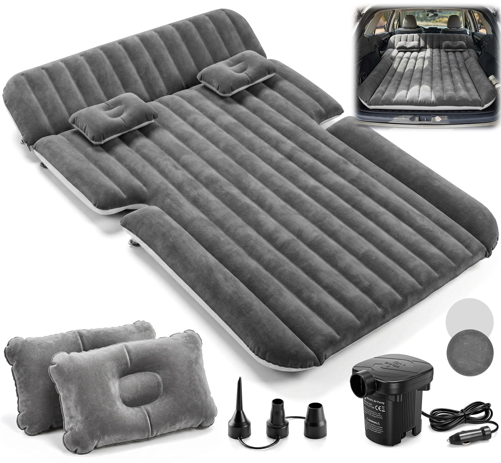 Aissom Colchón para Coche, 193 * 130cm Colchón de Vehículo, Colchón para Coche Hinchable con 12V Bomba de Aire y 2 Almohada, para Cama del Asiento Trasero del Coche y SUV, Viajes/Camping/Casa/Outdoor