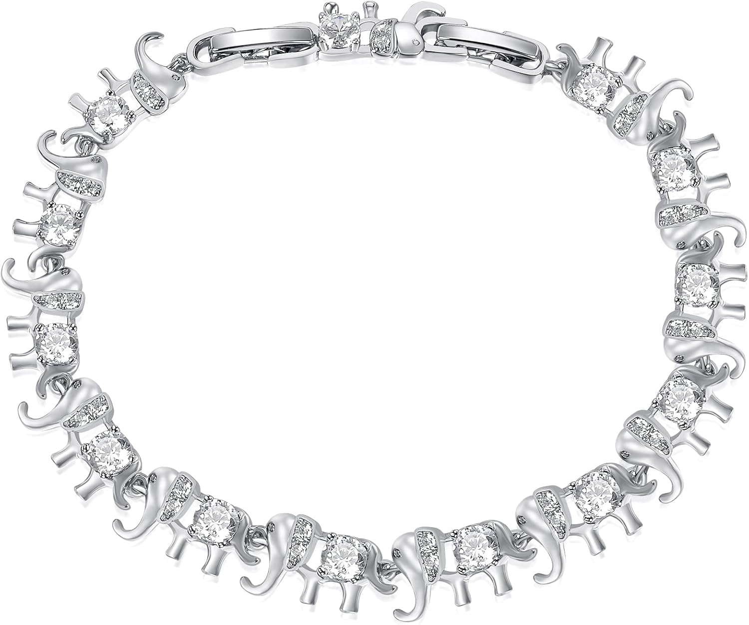 Gemsme 14K White/Yellow Gold Plated 4mm Cubic Zirconia Elephant Bracelet for Women Cute Animal CZ Link Chain Bracelet with Fold Over Clasp Jewelry Gift（6.5 Inch+1Inch）