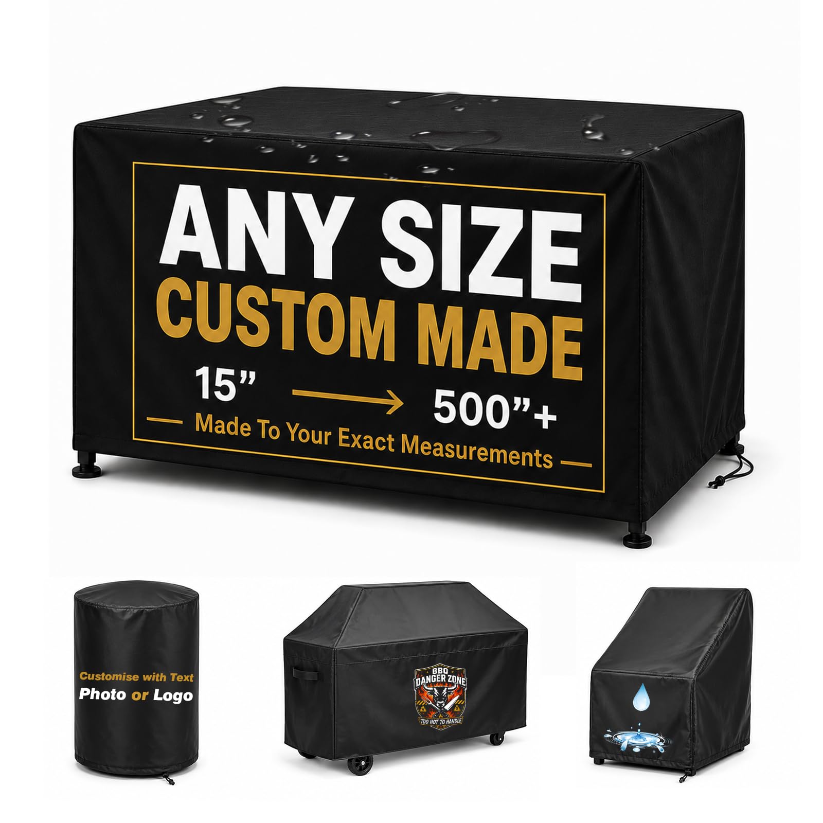lwe Custom Size Waterproof Dust Cover, Made to Measure with Personalised Logo or Text, Heavy Duty Oxford for Garden Furniture, BBQs, Generators and Equipment (Black)