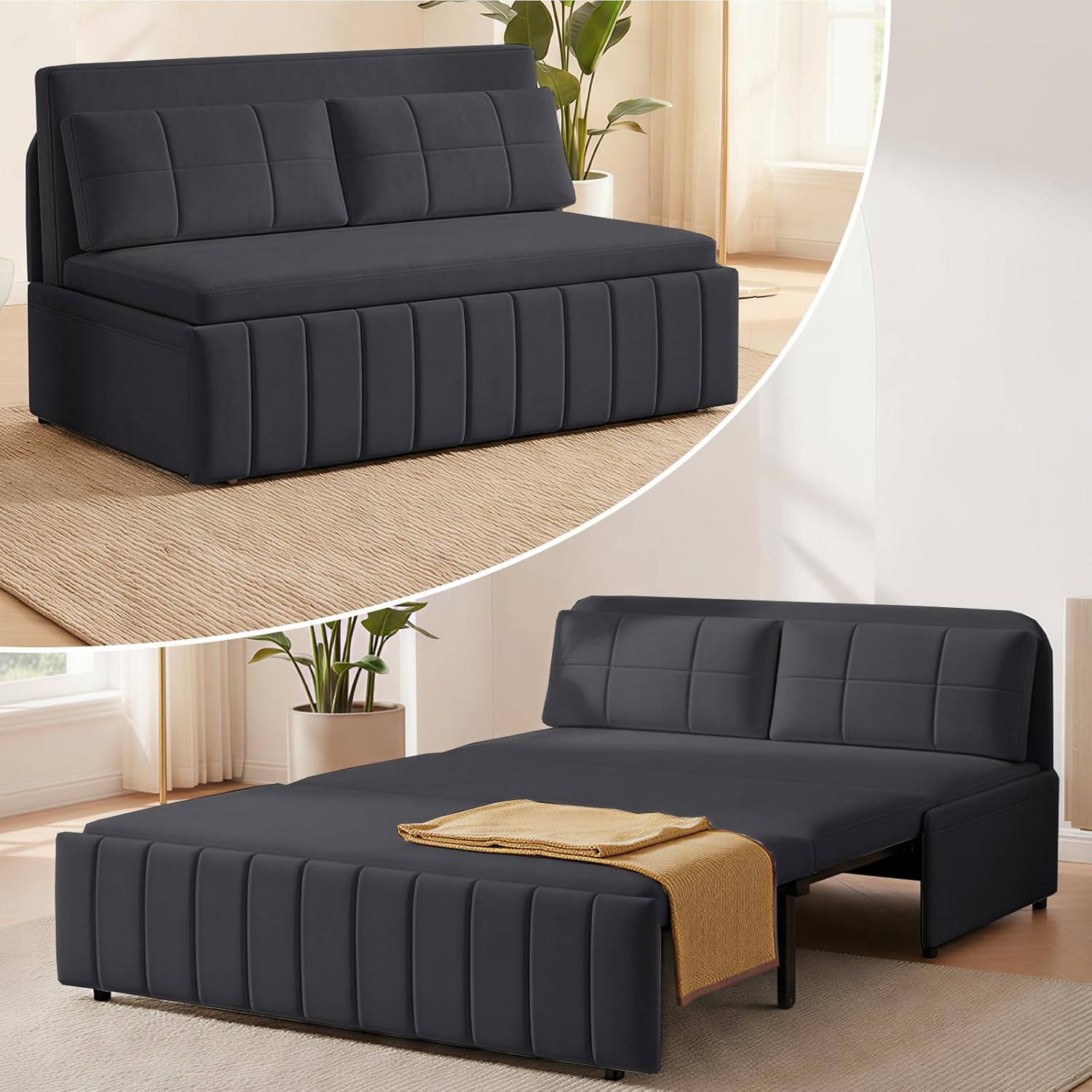 ijuicy 3 in 1 Queen Size Pull Out Sofa Bed, Leathaire Sleeper Sofa with Pullout Bed, Convertible Loveseat Couch with Pillows and Tri-fold Mattress for Small Spaces Apartment, Dark Grey