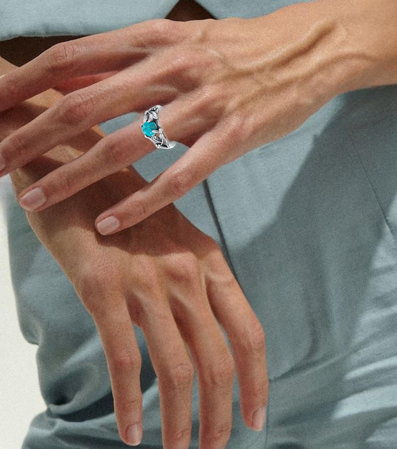 Genuine Turquoise Ring for Women, Sterling Silver Boho Leaf Nature Native American Western Jewelry Gemstone Ring Birthday Gift - Image 4