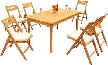 6 Seater Grade-A Teak Wood 7 Pc Dining Set 60" Rectangle Table and 6 Surfliner Folding Reclining Arm Chairs #31SL1307