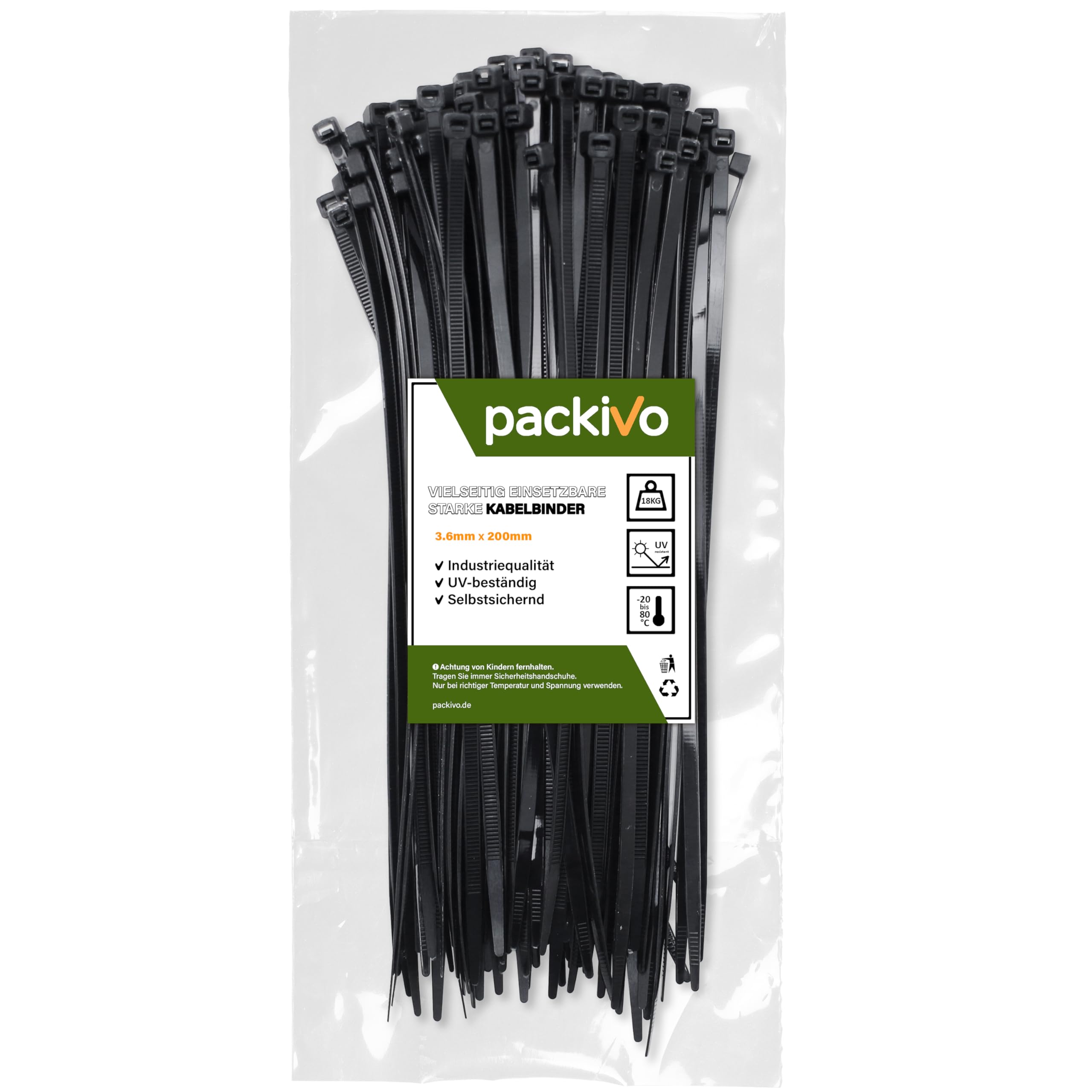 Packivo Industrial Cable Ties, 3.6 x 200 mm, Black, 18 kg Tensile Force, UV-Resistant, Nylon, Pack of 100