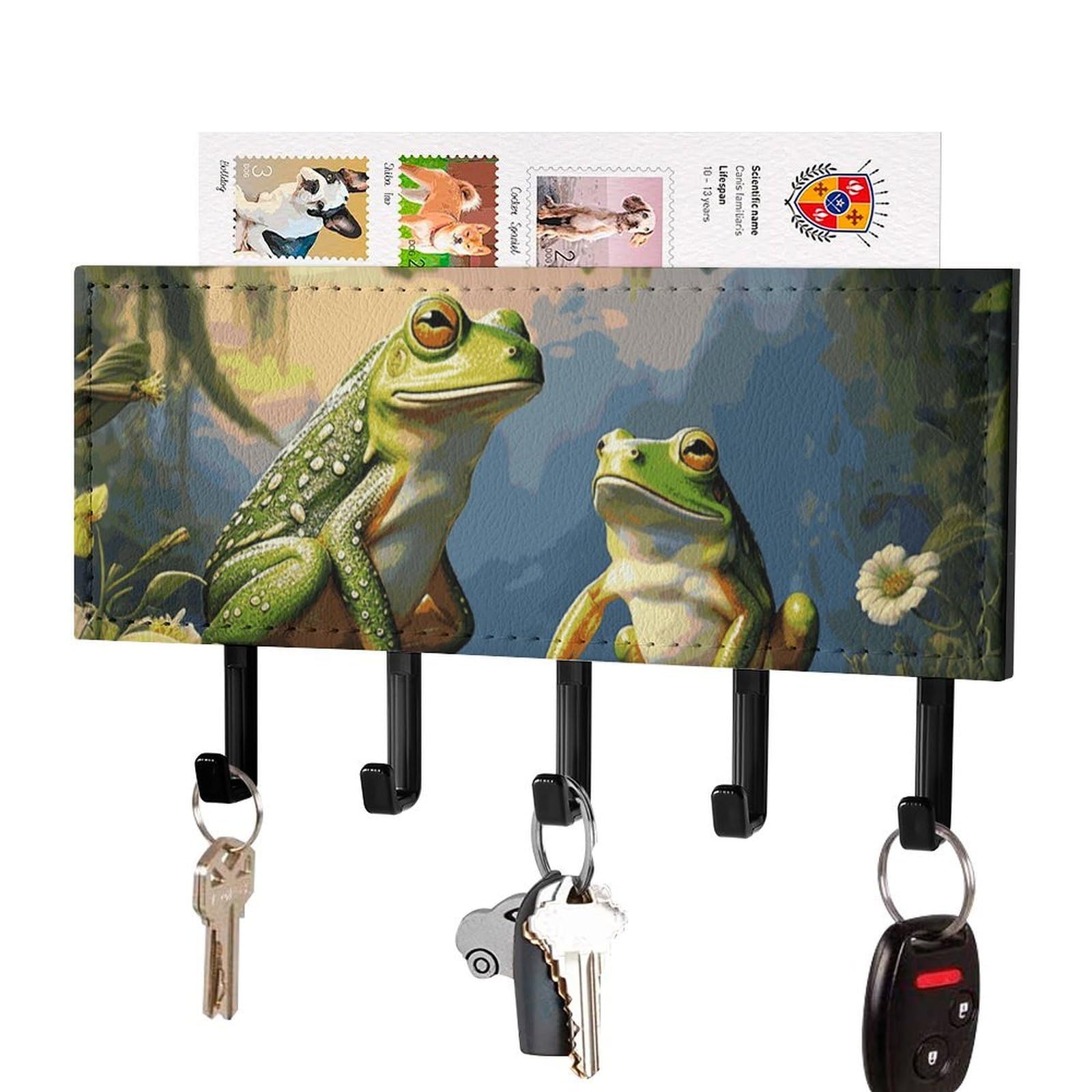 Fekiloot Black Many Frogs Sing On The Branches Key Holder For Wall Adhesive, No Drilling, Key Hooks With 5 Hooks Wall Mounted, Self Adhesive Keys Rack For Entryway, Hallway, Living Room, Kitchen, Office