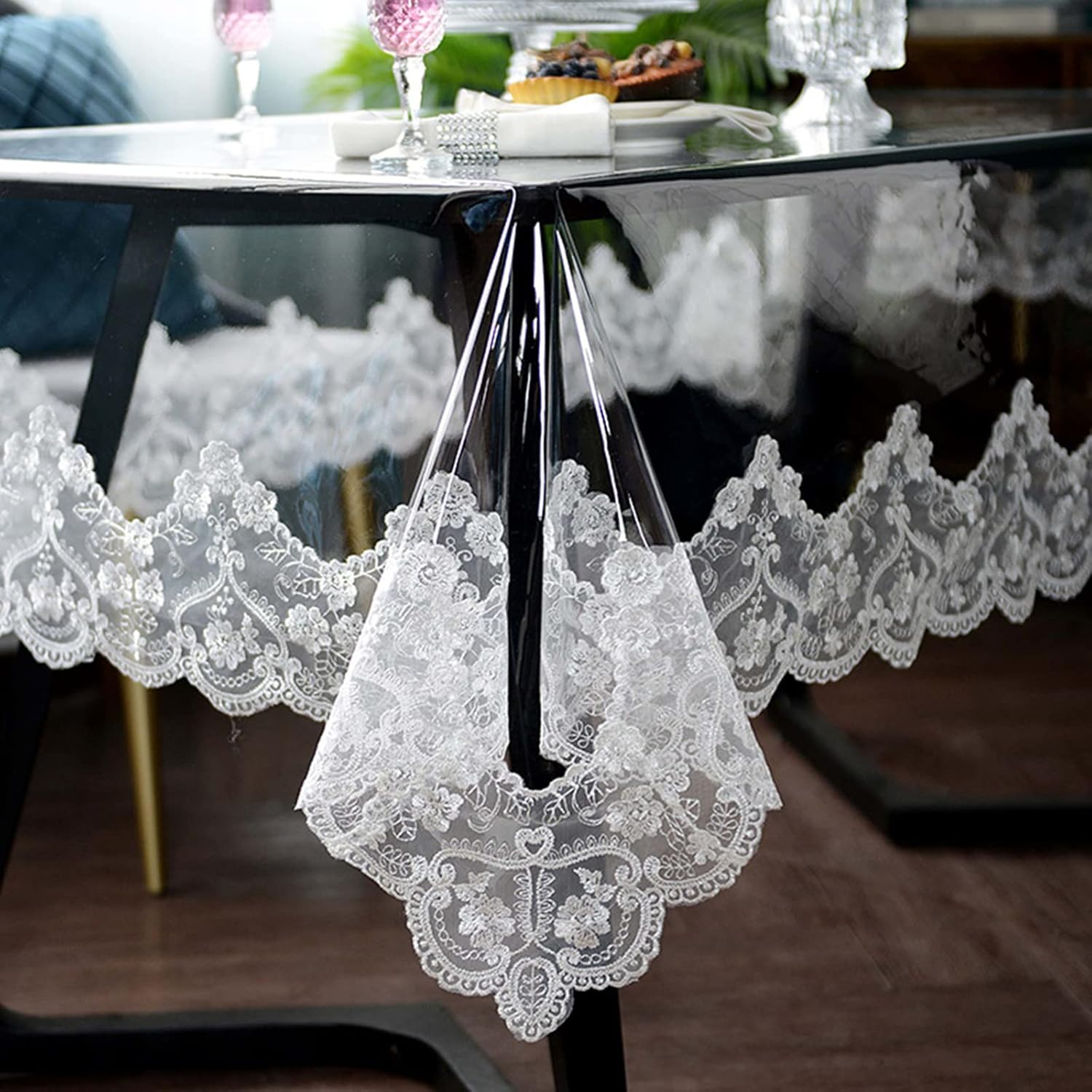 Clear Plastic Waterproof Tablecloth, Vinyl PVC Rectangle Table Cloth with Lace Macrame, Oil Spill Proof, Table Cover for Dining Tables, Parties and Holidays (White, 52 x 70 Inch)