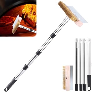 Pizza oven brush, 63 mm pizza stone cleaning brush with scraper, removable aluminium handle and brass brush, pizza oven scraper for cleaning pizza ovens, wood stoves and smokers