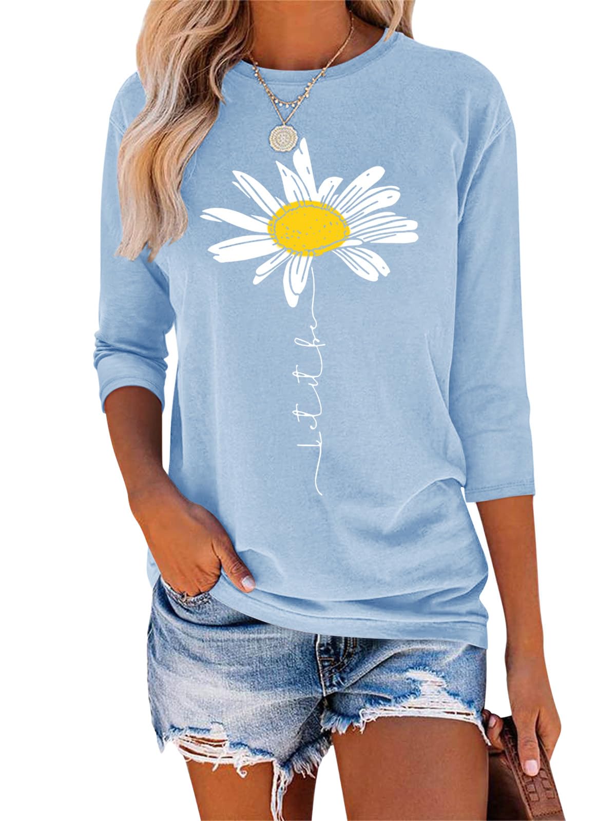 Tomwell T-Shirt Damen 3/4 Arm Shirt Rundhals Grafik Druck Tshirt Sommer Leichte Pullover Oberteile